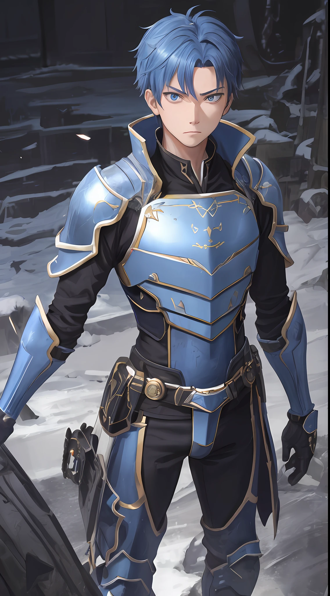 (1 Adult male),A high resolution, Sharp focus, Pixiv masterpiece, ((Complicated details)), highly detailed, natsuki_subaru, 1 man, The expression is serious,full bodyesbian, blue colored eyes(eyes glowing), blue short hair,Blue armor,Wear arm guards,Wear a belt,perspire,look from down