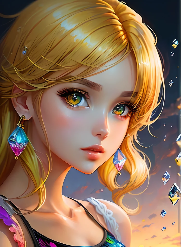 ((top-quality)), ((masterpiece)), ((realisitic)), (detaileds),animesque、anime styled、 (1人の女性)Earrings only accessories、Close up portrait of woman with yellow hair color、Beautiful shining eyes, Like crystal clear glass、Tank Tops、Summer clothes、4K high-definition digital art、stunning digital illustration、Stunning 8K artwork、colorfull digital fantasy art、Colorful and bright、beautiful digital works of art、Colorful Digital Anime Art、Portrait of beautiful woman、8K HD Digital Wallpaper Art、 Gorgeous Digital Painting