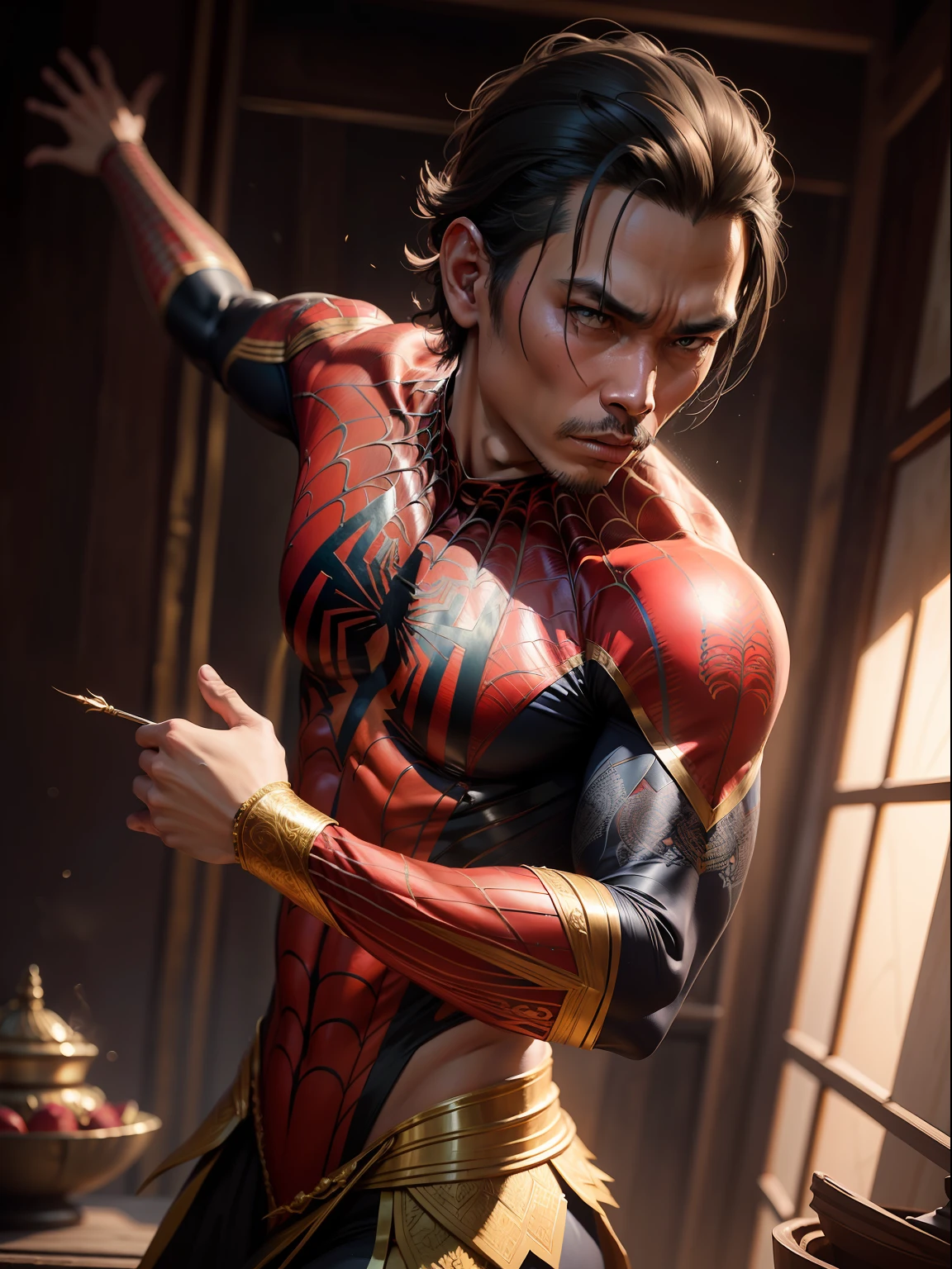 "A cinematic and dramatic portrayal of a Javanese man embodying Spiderman, adorned in traditional Javanese clothing. The artwork should be extremely realistic, capturing intricate details and sharpness. The shot should be a middle close-up, capturing the full body of the character."