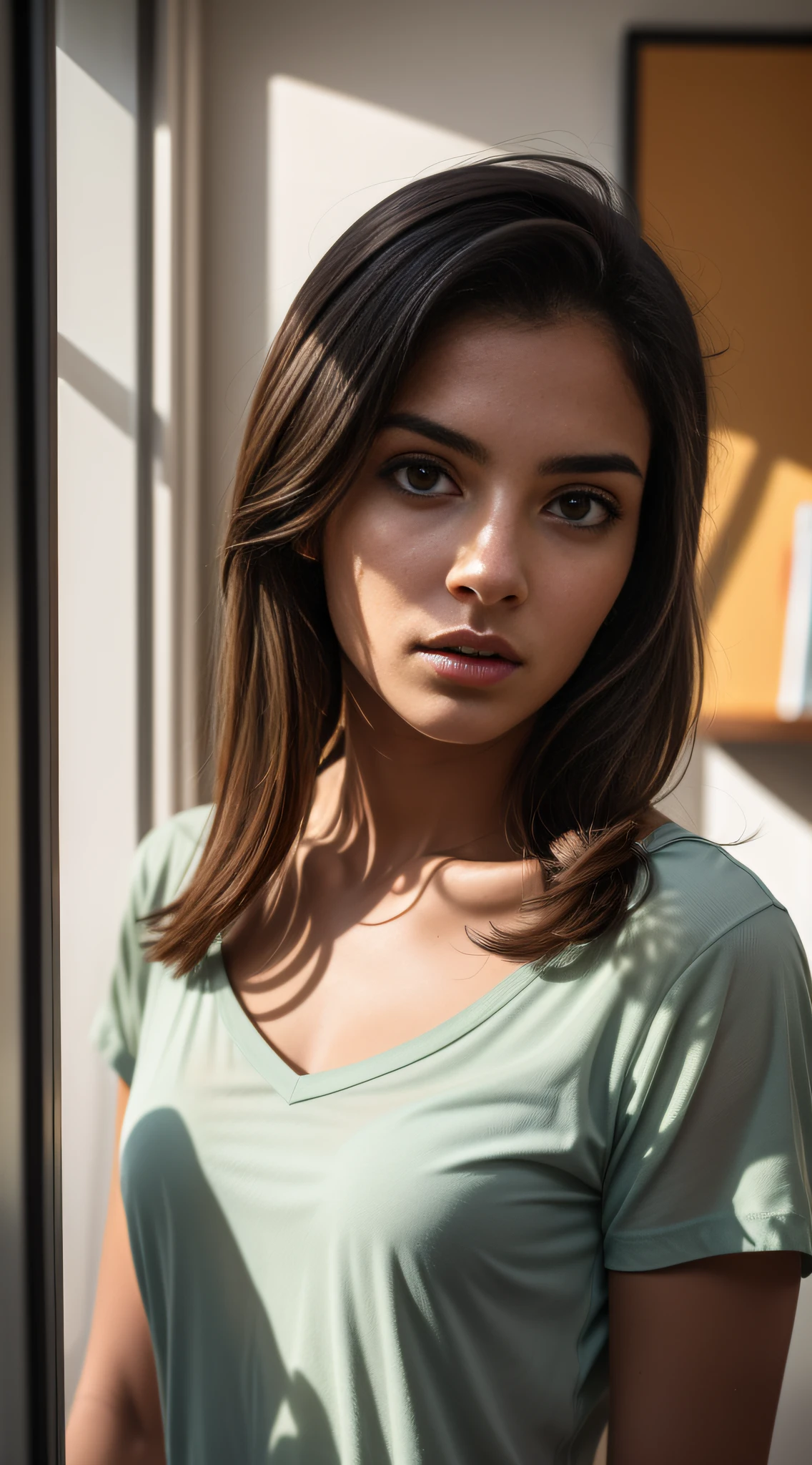 Mulher jovem de 20 anos, roupas de dormir, camisola amarela transparente, no quarto, em casa. ((Autorretrato de rosto frontal)), 8k UHD, DSLR, grain of film, pintura fotorrealista, arte midjourney,