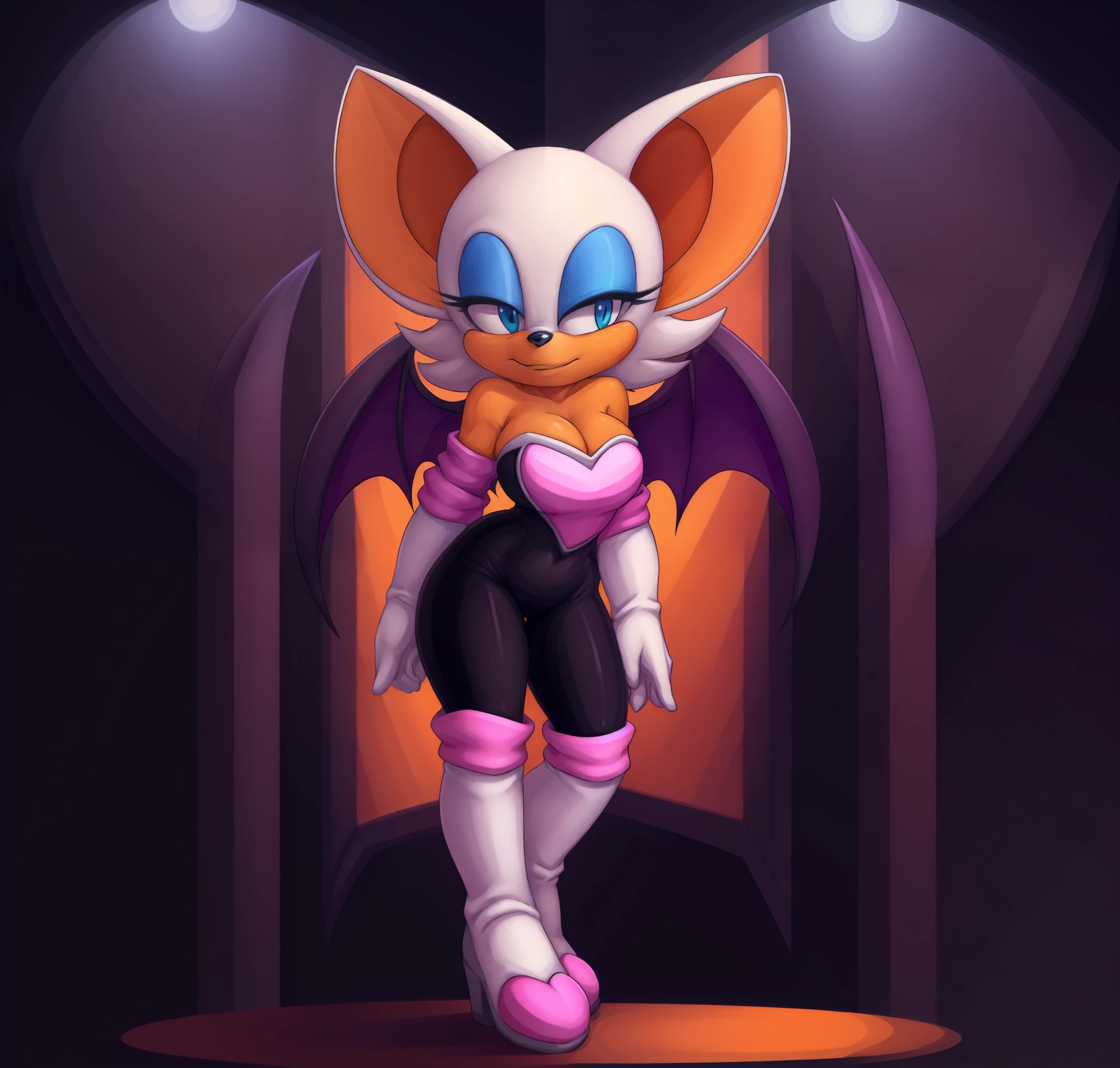 [rouge the bat], [Uploaded to e621.net; (Pixelsketcher), (twistedterra), (napalm_express)], ((masterpiece)), ((solo portrait)), ((1girl)), ((sexy)), ((furry; anthro)), ((detailed fur)), ((beautiful artwork)), ((detailed shading)), ((beautiful 2D art)), {anthro bat; (beautiful woman's body), (orange and white fur, black nose, big ears), beautiful blue eyes, (purple bat wings), (seductive gaze)}, {(cleavage), (black spandex tights)), (white knee high boots}, (standing, attractive pose), [background; (open room); (dark room), (red glowing ruby)]