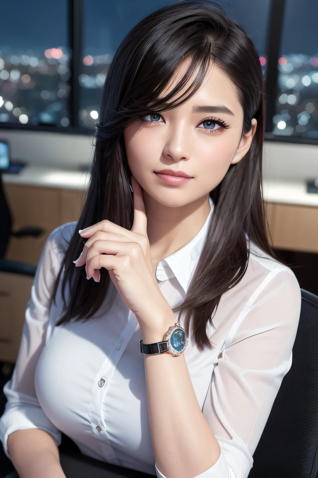 (8K、top-quality、masterpiece:1.2)、(realisitic、Photorealsitic:1.37)、ultra-detailliert、1girl in、rather large breasts、Upper body naked、nipples are protruding、cute little、独奏、Beautiful detailed sky、Detailed Office、natta、sitting on、(blush of the nose)、(a smile:1.15)、(Mouth closed)、beatiful detailed eyes、natta、wet、Sateen、(shorth hair:1.2)、pureerosface_v1、computers、detail finger、Beautiful detail face、