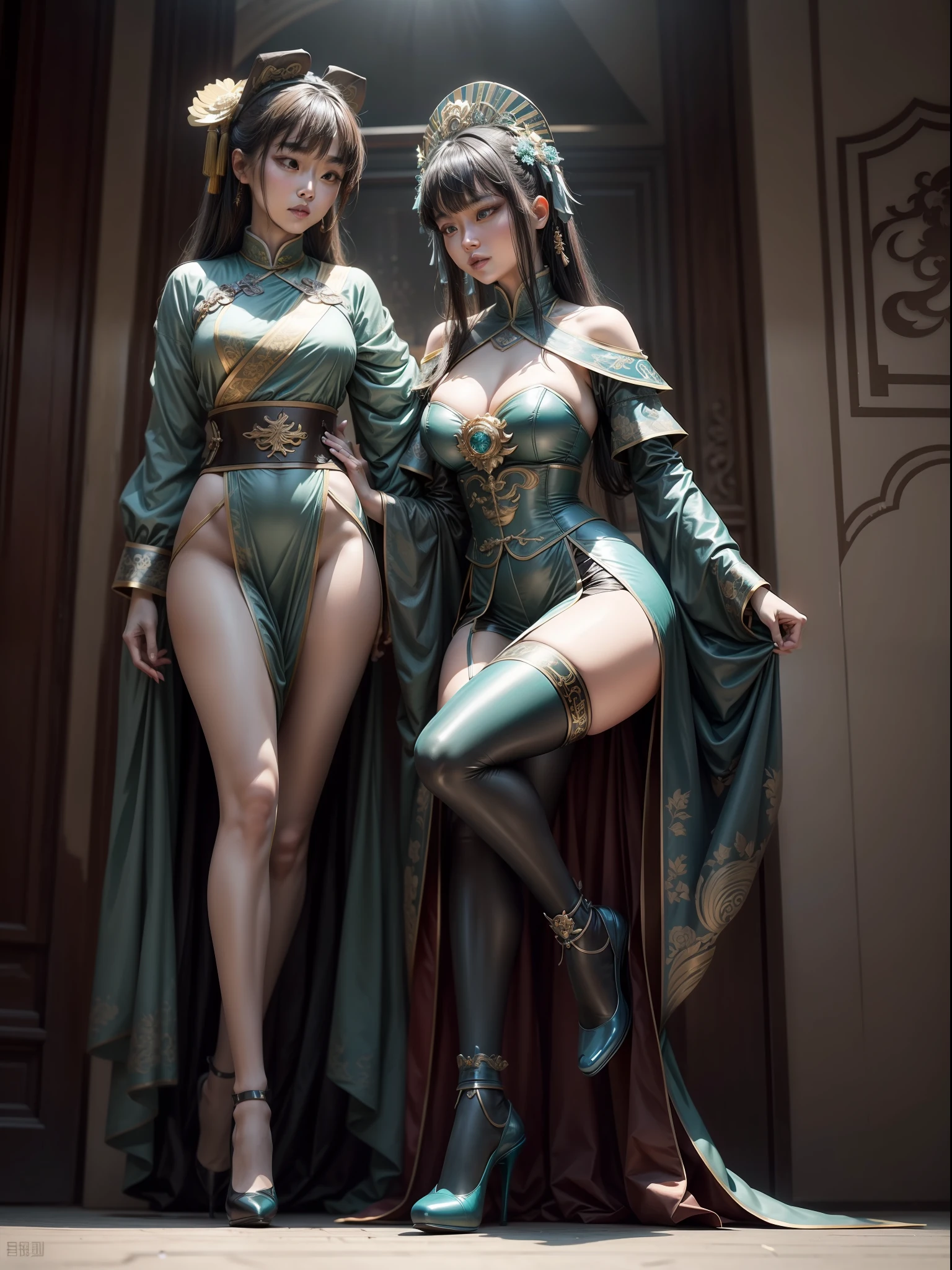 (Full body shooting :2), (Full Focus:1.3),Must show your face, anatomy correct, The character wears Qing dynasty Han costume,green and blue color scheme,Strangling effect,High-heeled leather shoes, anklet,leg loops,collars,Heavy makeup, A shallow laugh, Latex 1 stockings must be worn, hyper HD, Ray traching, structurally correct, Award-Awarded, high detal, lightand shade contrast, cinmatic lighting, tmasterpiece, super detailing, high high quality, high detal, best qualityer, 16k
