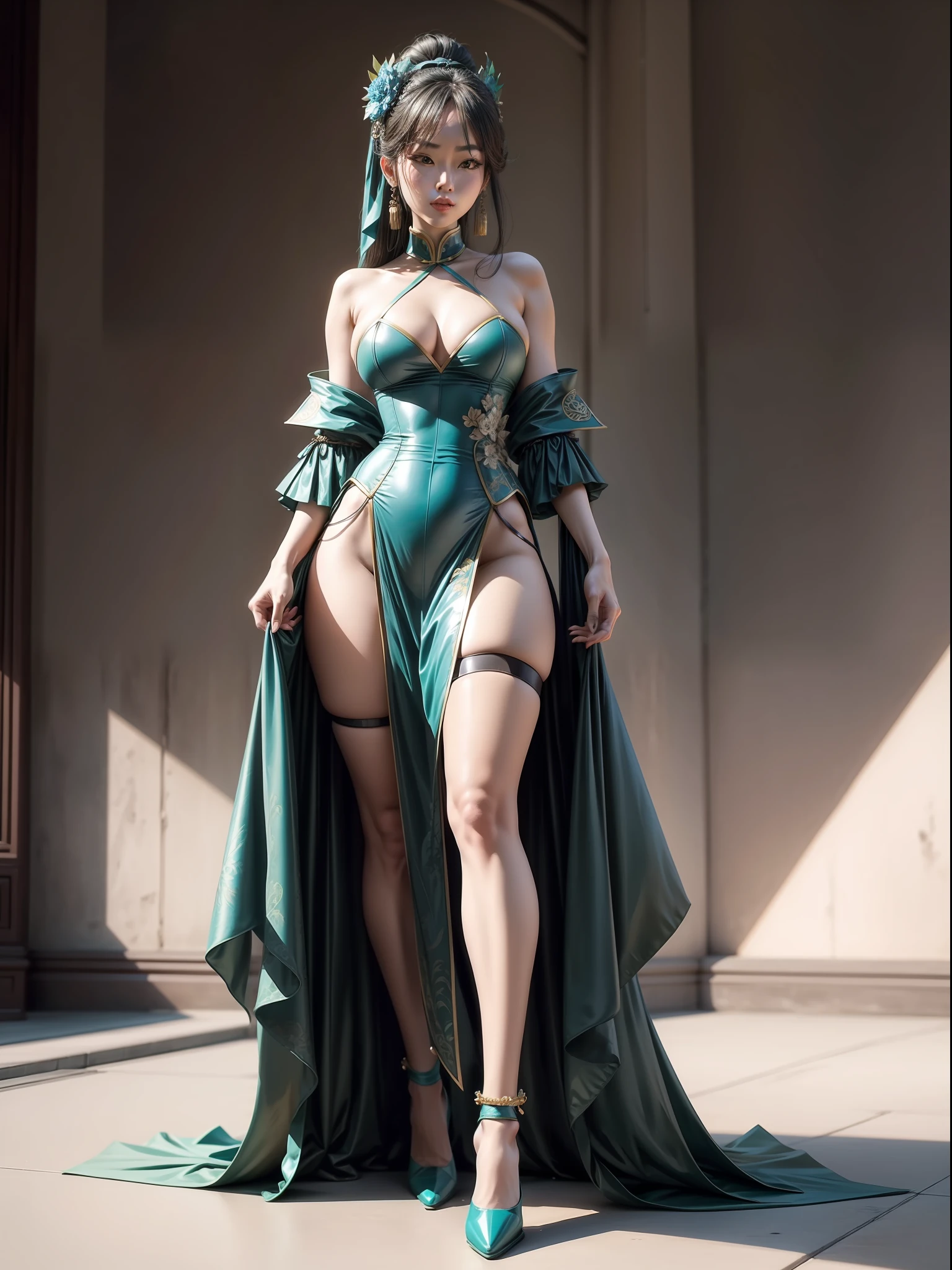 (Full body shooting :2), (Full Focus:1.3),Must show your face, anatomy correct, The character wears Qing dynasty Han costume,green and blue color scheme,Strangling effect,High-heeled leather shoes, anklet,leg loops,collars,Heavy makeup, A shallow laugh, Latex 1 stockings must be worn, hyper HD, Ray traching, structurally correct, Award-Awarded, high detal, lightand shade contrast, cinmatic lighting, tmasterpiece, super detailing, high high quality, high detal, best qualityer, 16k