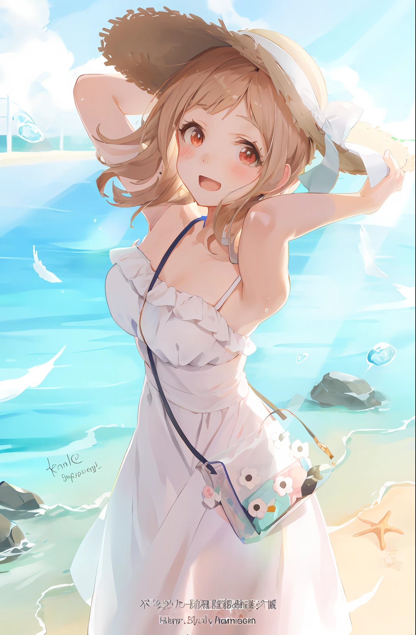Anime girl standing on beach wearing white dress,Wearing a hat and purse, in dress, cute anime waifu in a nice dress, in the beach, small curvaceous lolilash art anime Loli, inch, by Kamagurka, Pisif Contest Champion, at pixiv, Beautiful anime girl, Cute anime girl, Pisif, pretty anime girl