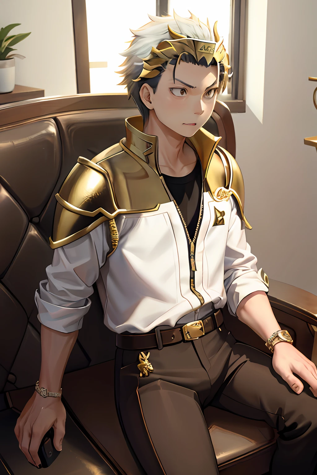 (1 Adult male),A high resolution, Sharp focus, Pixiv masterpiece, ((Complicated details)), highly detailed, natsuki_subaru, 1 man, with her mouth open,drools,full bodyesbian,sit astride, Golden eyes(eyes glowing), with short golden hair,White armor,helmet on,Wear a belt,perspire,look from down