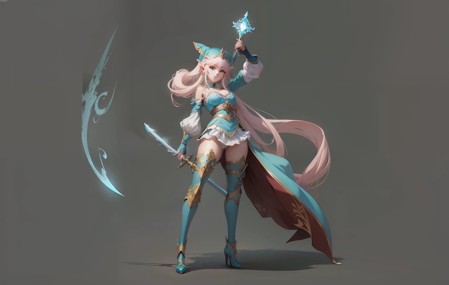 anime girl, elf, 2 sword, cyan color cloth , royal , anime style art
