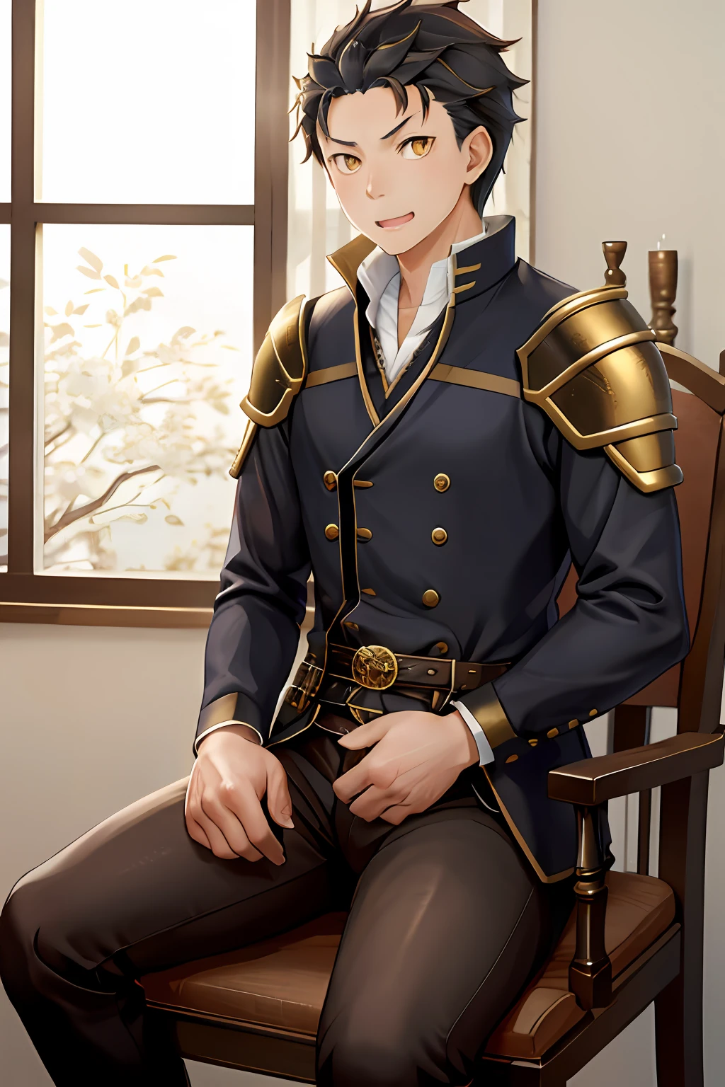 （1 Adult male），A high resolution， Sharp focus， Pixiv masterpiece， （（Complicated details））， highly  detailed， natsuki_subaru， 1 man， with her mouth open，drools，full bodyesbian，sit astride， Golden eyes（eyes glowing）， with short golden hair，White armor，helmet on，Wear a belt，perspire，look from down