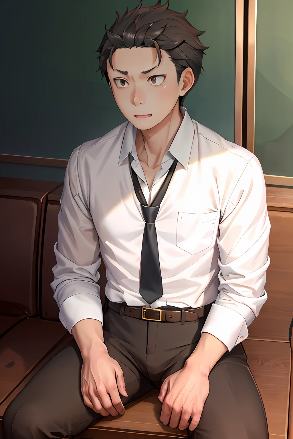 （1 Adult male），A high resolution， Sharp focus， Pixiv masterpiece， （（Complicated details））， highly  detailed， natsuki_subaru， 1 man， with her mouth open，drools，full bodyesbian，sit astride，Crotch view， Golden eyes（eyes glowing）， with short golden hair，white  shirt，Wear a tie，Wear a belt，perspire，look from down
