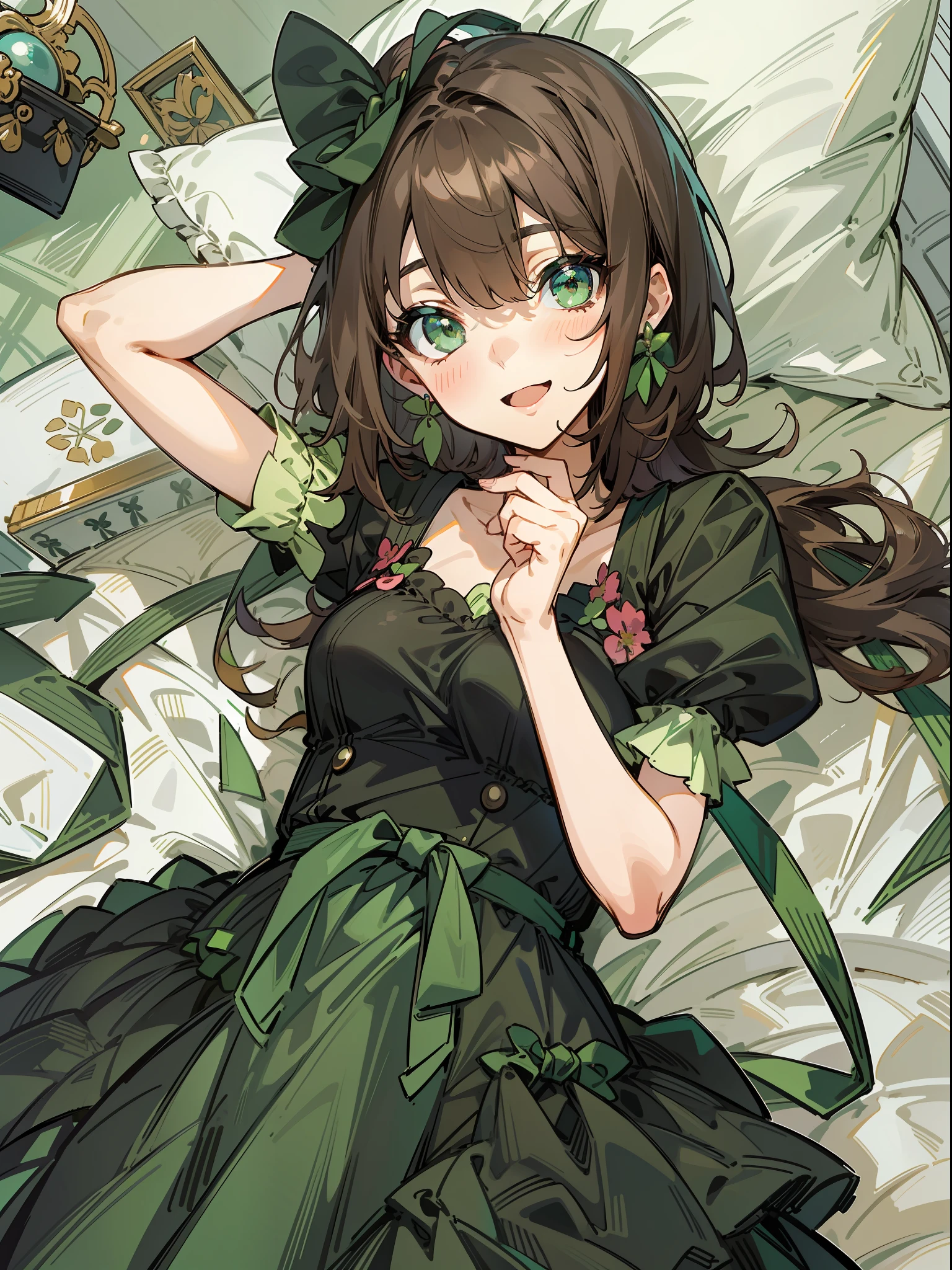 (ultra - detailed), Black slip dress,(frill dress),(short- sleeved),Dark green eyes,24 years of age, s girl,Girly Room,(Bedroom with floral decorations),
2D, tmasterpiece, top-quality, anime big breast, A detailed eye, A detailed face, Girl vs, 1 person only,Medium hair,brunette color hair, (brunette color hair), Ear hair, small tits, Green Ribbon, green earrings,Ribbon around the neck, (Black sleeves), Good morning, a bed, sit on a bed, On the sheet,full bodyesbian,Facial expression enhancement,A smile,ssmile,A happy expression