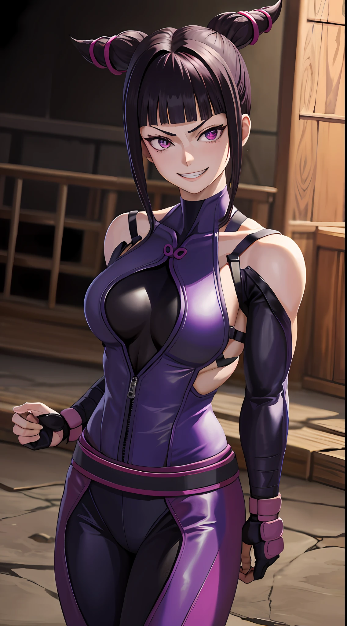 Masterpiece, Best quality, A high resolution, twojuri, Purple eyes, Cowboy shot, standing, evil grin smile,Fighting arena，Gladiator background