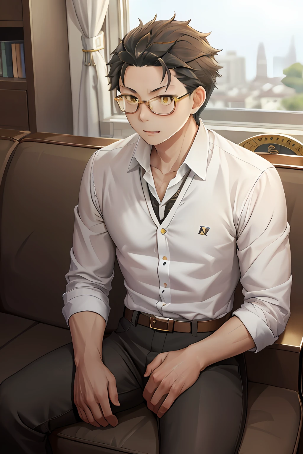 (1 Adult male),A high resolution, Sharp focus, Pixiv masterpiece, ((Complicated details)), highly detailed, natsuki_subaru, 1 man, with her mouth open,drools,full bodyesbian,sit astride,Crotch view, Golden eyes(eyes glowing), with short golden hair,white shirt,Wear a tie,Wear a belt,perspire,look from down