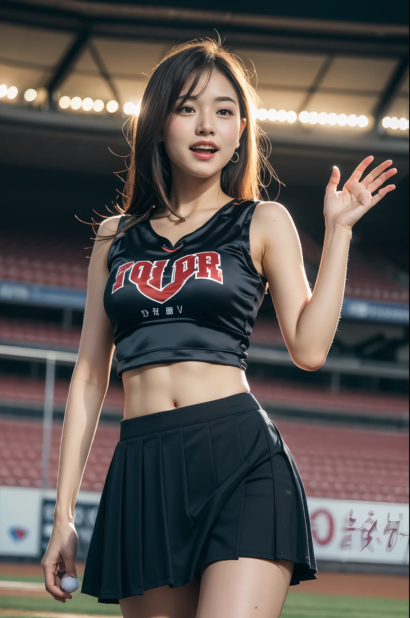 (((Sleeveless cheerleader Costume))),(((holding a pom-poms))),(((Skirt lift:1.5))),(((cleavage cutout))),(((hands up))),(((bare inner thigh))),(((bare sport panty))),ulzzang-6500-v1.1, (Raw photo:1.2), (Photo realistic:1.4), a beautiful detailed girl, extremely detailed eye and face, beautiful detailed eyes, ultra-detailed, High resolution, top-quality, ​masterpiece, highly detailed, 8k wallpaper, Wonderful, finely detail, top-quality, Light on the face,电影灯光,1girl in,(Taoyuan International Baseball Stadium in Taiwan),Beautiful eyes,smile,Opening Mouth