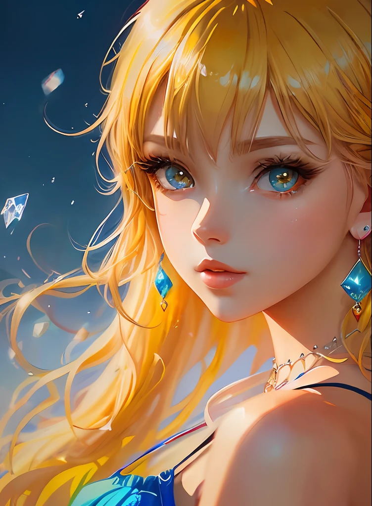 ((top-quality)), ((​masterpiece)), ((realisitic)), (detaileds),animesque、anime styled、 (1人の女性）Earrings only accessories、Close up portrait of woman with yellow hair color、Beautiful shining eyes, Like crystal clear glass、Tank Tops、Summer clothes、4K high-definition digital art、stunning digital illustration、Stunning 8K artwork、colorfull digital fantasy art、Colorful and bright、beautiful digital works of art、Colorful Digital Anime Art、Portrait of beautiful woman、8K HD Digital Wallpaper Art、 Gorgeous Digital Painting