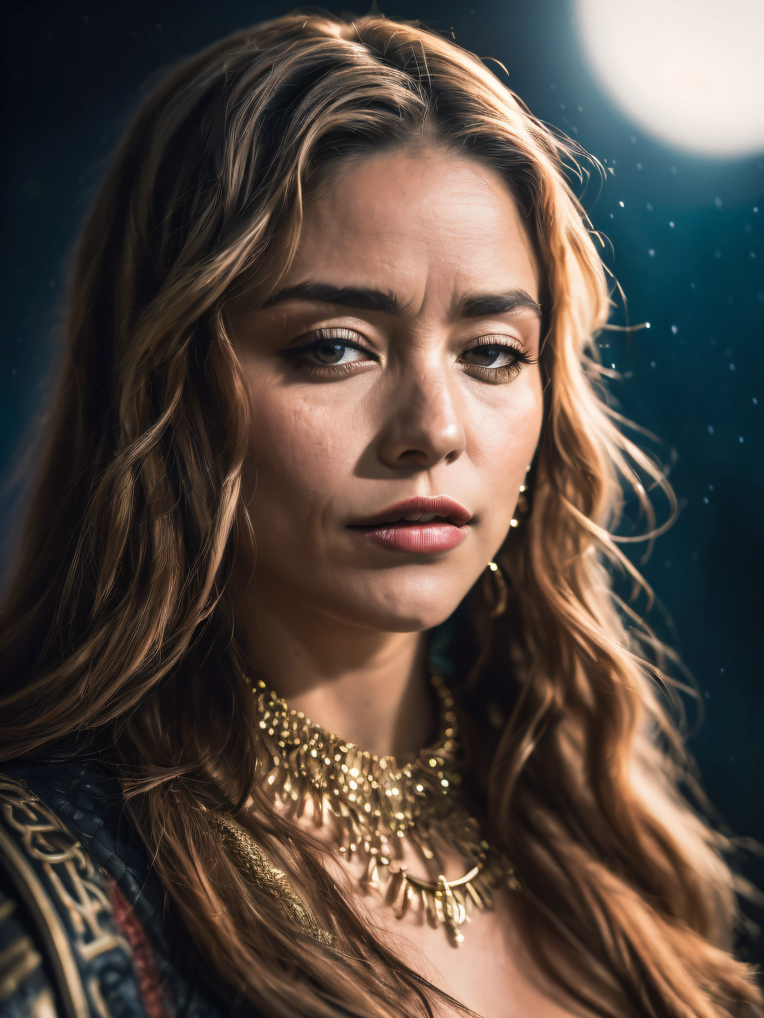((Gytha from the series "VIQUINGUES: Valhalla de 2022")), (inspirada em Henessi Schmidt:1.2), (Traje viking:1.2), against a backdrop of a dark night, uma fogueira ao fundo, Auto retrato de rosto frontal, posing for camera, lowangle, mola 24 mm, (((foco nítido:1.5))), (((profundidade de nitidez:1.5))), (fotorrealista:1.5), (textura da pele:1), cinemactic, hiperdetalhado,