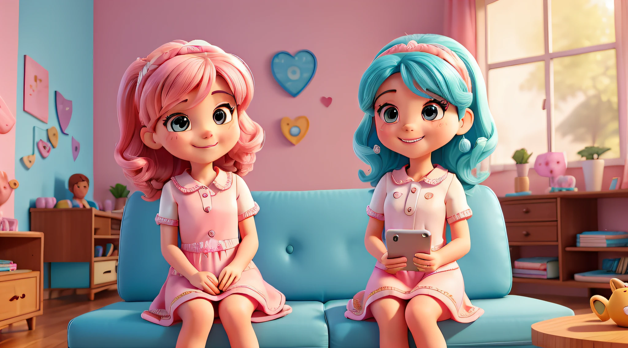 A 3-year-old girl named Marina is sitting on the couch in her living room , com um celular na mao . She is wearing a pink dress and white shoes. Ela tem cabelos castanhos escuros e olhos castanhos brilhantes. She's holding a phone and making a video call to the person who's missing her.... The person she's missing appears on her phone screen and smiles at her. Marina smiles back and they start talking. The living room is full of sunlight and music is playing in the background. Marina is happy and feels loved.