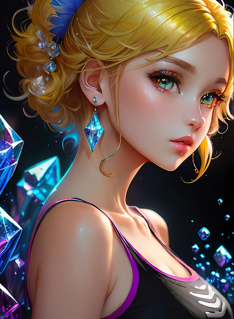 ((top-quality)), ((​masterpiece)), ((realisitic)), (detaileds),animesque、anime styled、 (1人の女性）Earrings only accessories、Close up portrait of woman with yellow hair color、Beautiful shining eyes, Like crystal clear glass、Tank Tops、Summer clothes、4K high-definition digital art、stunning digital illustration、Stunning 8K artwork、colorfull digital fantasy art、Colorful and bright、beautiful digital works of art、Colorful Digital Anime Art、Portrait of beautiful woman、8K HD Digital Wallpaper Art、 Gorgeous Digital Painting