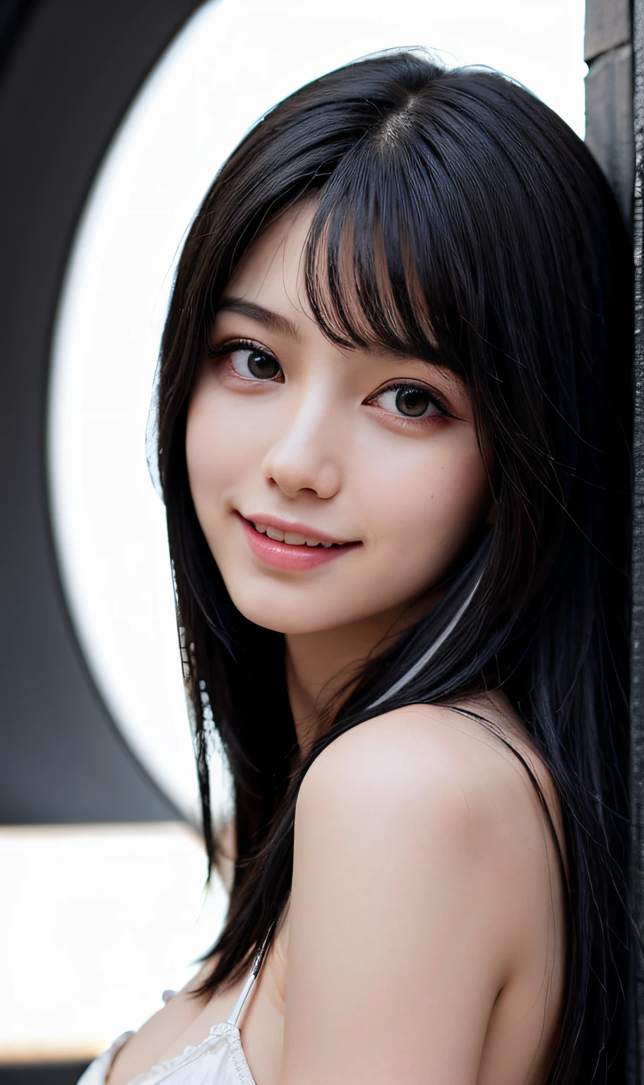((((medium hair)))), (masterpiece),((ultra-detailed)), (highly detailed CG illustration),(expressionless), (best quality:1.2),realistic8K UHD,High definition,(1girl:1.2),High quality texture,intricate details,detailed texture,finely detailed,high detail,extremely detailed cg,High quality shadow,a realistic representation of the face,Detailed beautiful delicate face,Detailed beautiful delicate eyes, black eye pupil, a face of perfect proportion,Depth of field,Cinematic Light,Lens Flare,Ray tracing,perspective,20s, Prominent Nose,slender face,tall girl, (big eyes:1.2),blush,glossy lips,perfect body,lean body,Particles of Light,(narrow waist:1.3),large breast, distinct_image, high_resolution, (lustrous skin), solo focus, , (finely detailed beautiful eyes and detailed face),(detailed face), (hair streaked hair), light source contrast, ((smile)), (pureerosface_v1:0.5) , (ulzzang-6500-v1.1:0.5),