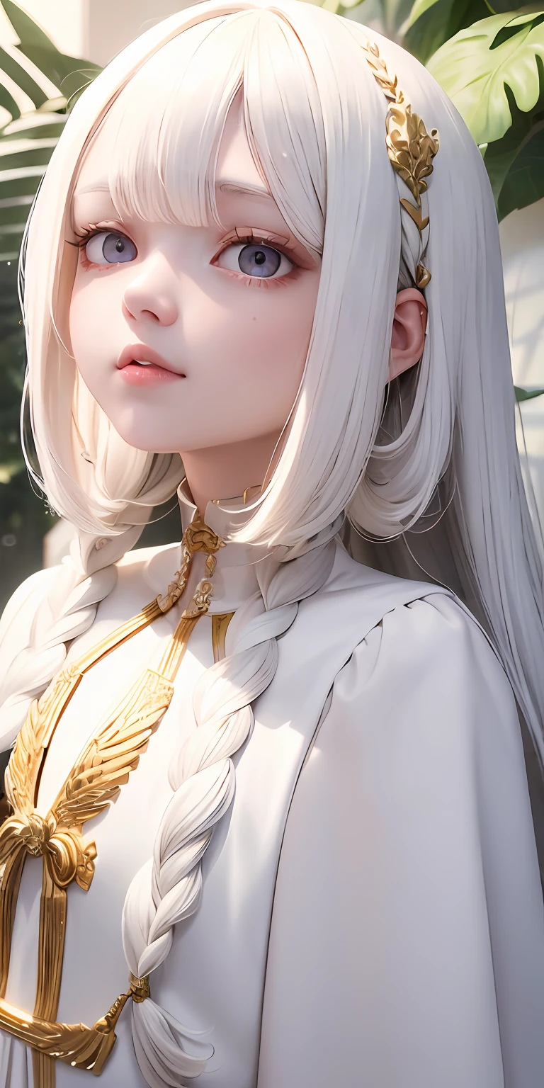 best quality, masterpiece,white hair, gold eyes,white clothes, looking up, upper body,hair strand,Fair skin,side braids