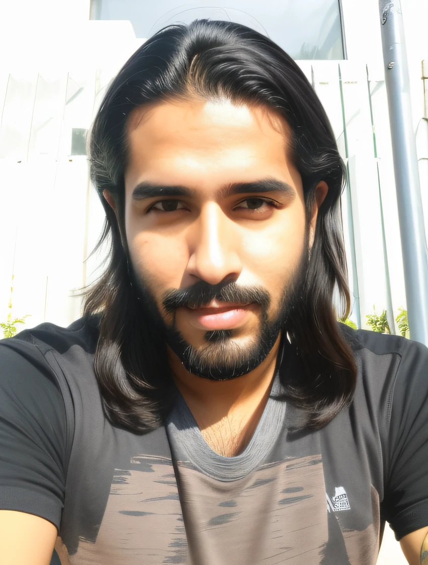 Man with long black hair and beard sitting in front of a building, com seus longos cabelos pretos, Miguel Vicente, Alejandro, david rios ferreira, andres rios, caio santos, andrea rocha, com longos cabelos escuros, sem barba e bigode, com longos cabelos pretos, por Altichiero, sem barba, Carmelo Blandino