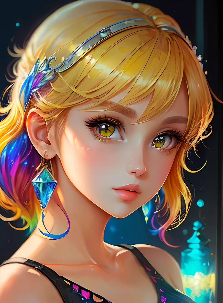 ((top-quality)), ((​masterpiece)), ((realisitic)), (detaileds),animesque、anime styled、 (1人の女性）Earrings only accessories、Close up portrait of woman with yellow hair color、Beautiful shining eyes, Like crystal clear glass、Tank Tops、Summer clothes、4K high-definition digital art、stunning digital illustration、Stunning 8K artwork、colorfull digital fantasy art、Colorful and bright、beautiful digital works of art、Colorful Digital Anime Art、Portrait of beautiful woman、8K HD Digital Wallpaper Art、 Gorgeous Digital Painting