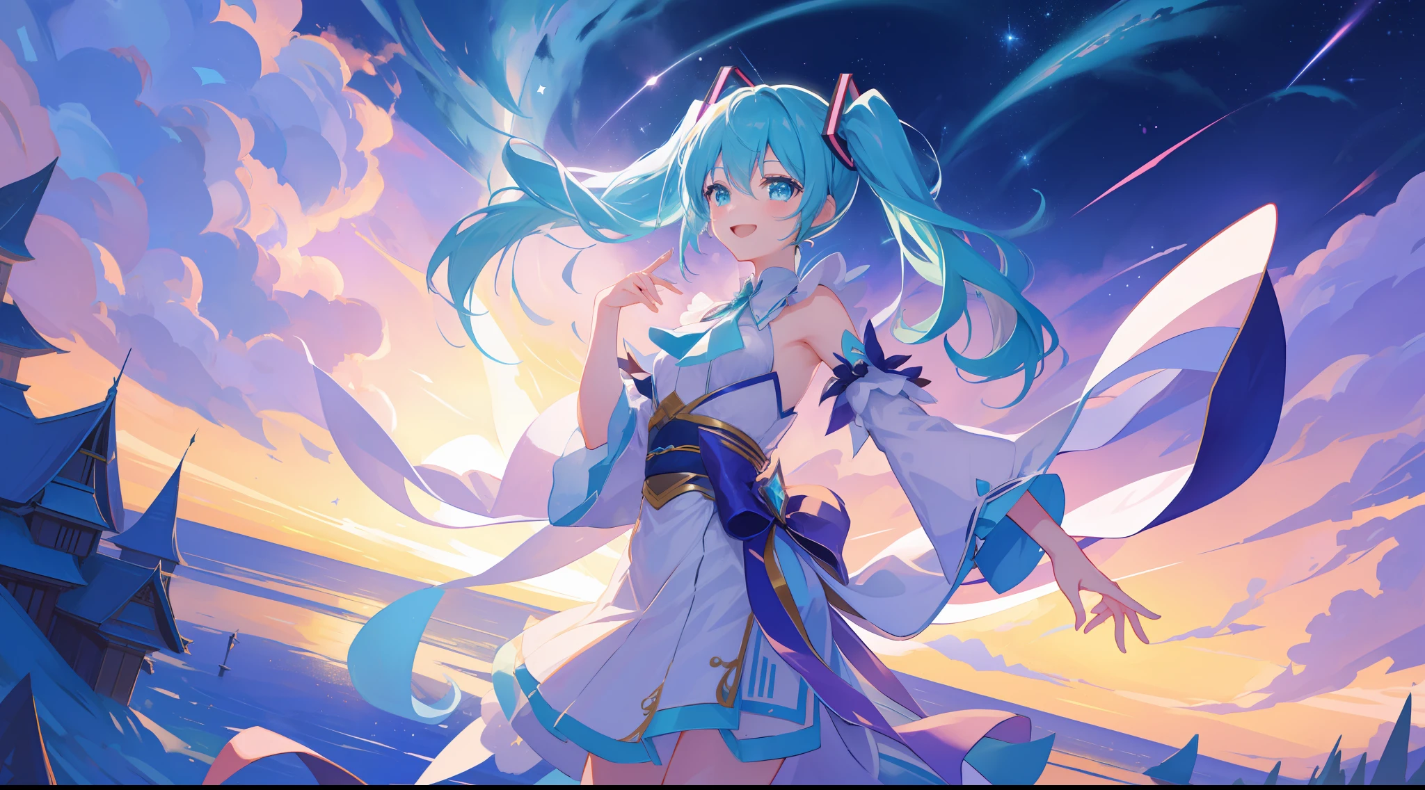 miku hatsune、sorcerer、Smile、Night view of Shangri-La、The stars sparkle、Meteor County