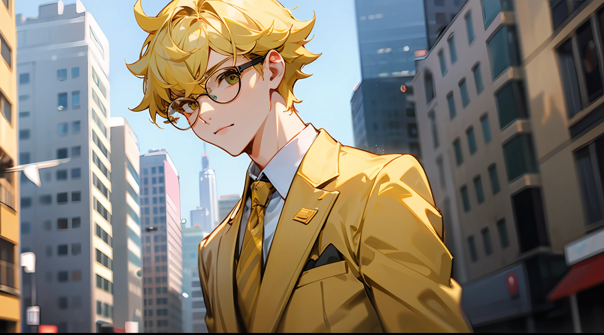 1 sticker, 1boy, solo, Upper body, Yellow hair, eyeglasses., skinny , Yellow suit , city , outdoor