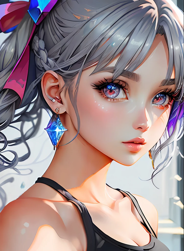 ((top-quality)), ((masterpiece)), ((realisitic)), (detaileds),animesque、anime styled、 (1人の女性)Earrings only accessories、Close up portrait of woman with gray hair color、Beautiful shining eyes, Like crystal clear glass、Tank Tops、Summer clothes、4K high-definition digital art、stunning digital illustration、Stunning 8K artwork、colorfull digital fantasy art、Colorful and bright、beautiful digital works of art、Colorful Digital Anime Art、Portrait of beautiful woman、8K HD Digital Wallpaper Art、 Gorgeous Digital Painting