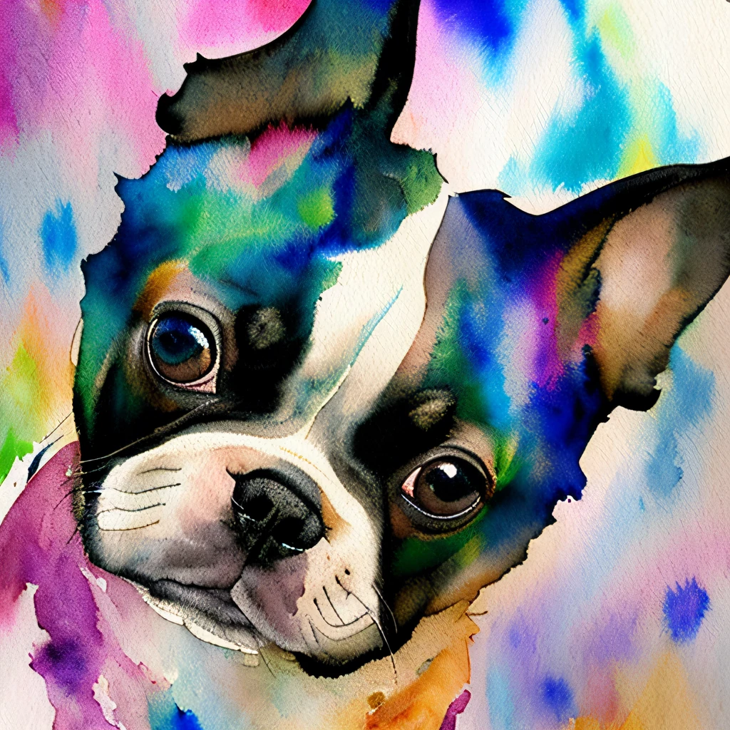 wtrcolor style, digital art (brindle Boston Terrier puppy character), official art, frontal, smile, masterpiece, beautiful, (((watercolor)), face paint, paint splatters, intricate details. Highly detailed and detailed eyes, [Drip: 0.5], artstation trends, by Rachel Walker