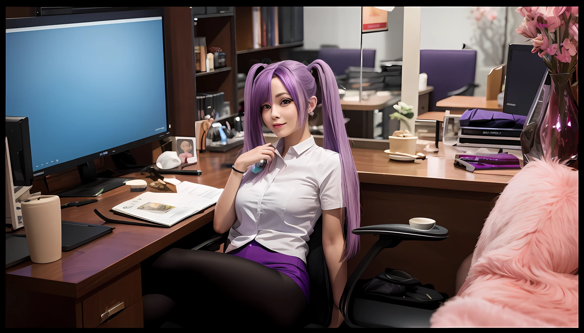 There was a woman with purple hair sitting at her desk, Dressed in oily black silk,professional cosplay, Shot on Canon EOS R 6, maya fey from ace attorney, taken with canon 5d mk4, full-cosplay, Anime girl cosplay, taken with canon eos 5 d mark iv, 《dragonball》Bulma, On a table, Misato Katsuragi,