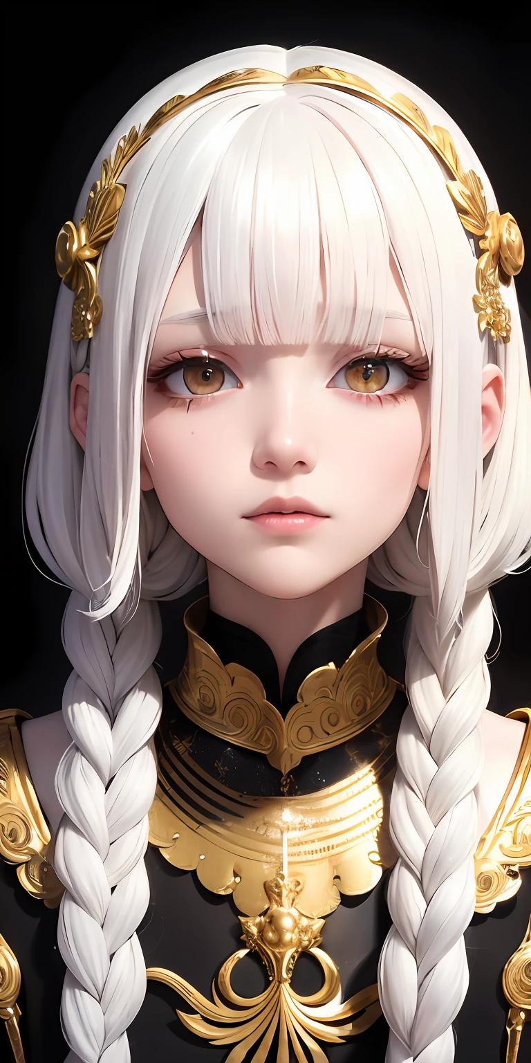 best quality, masterpiece,white hair, gold eyes,white clothes, looking up, upper body,hair strand,Fair skin,side braids