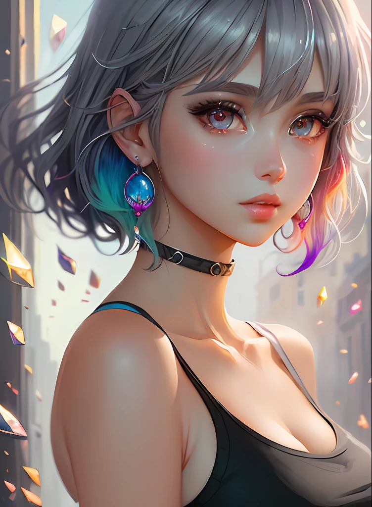 ((top-quality)), ((masterpiece)), ((realisitic)), (detaileds),animesque、anime styled、 (1人の女性)Earrings only accessories、Close up portrait of woman with gray hair color、Beautiful shining eyes, Like crystal clear glass、Tank Tops、Summer clothes、4K high-definition digital art、stunning digital illustration、Stunning 8K artwork、colorfull digital fantasy art、Colorful and bright、beautiful digital works of art、Colorful Digital Anime Art、Portrait of beautiful woman、8K HD Digital Wallpaper Art、 Gorgeous Digital Painting