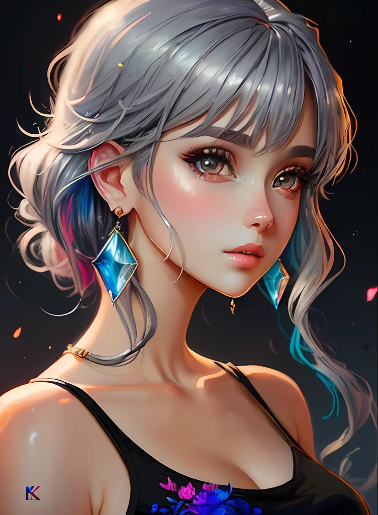 ((top-quality)), ((​masterpiece)), ((realisitic)), (detaileds),animesque、anime styled、 (1人の女性）Earrings only accessories、Close up portrait of woman with gray hair color、Beautiful shining eyes, Like crystal clear glass、Tank Tops、Summer clothes、4K high-definition digital art、stunning digital illustration、Stunning 8K artwork、colorfull digital fantasy art、Colorful and bright、beautiful digital works of art、Colorful Digital Anime Art、Portrait of beautiful woman、8K HD Digital Wallpaper Art、 Gorgeous Digital Painting