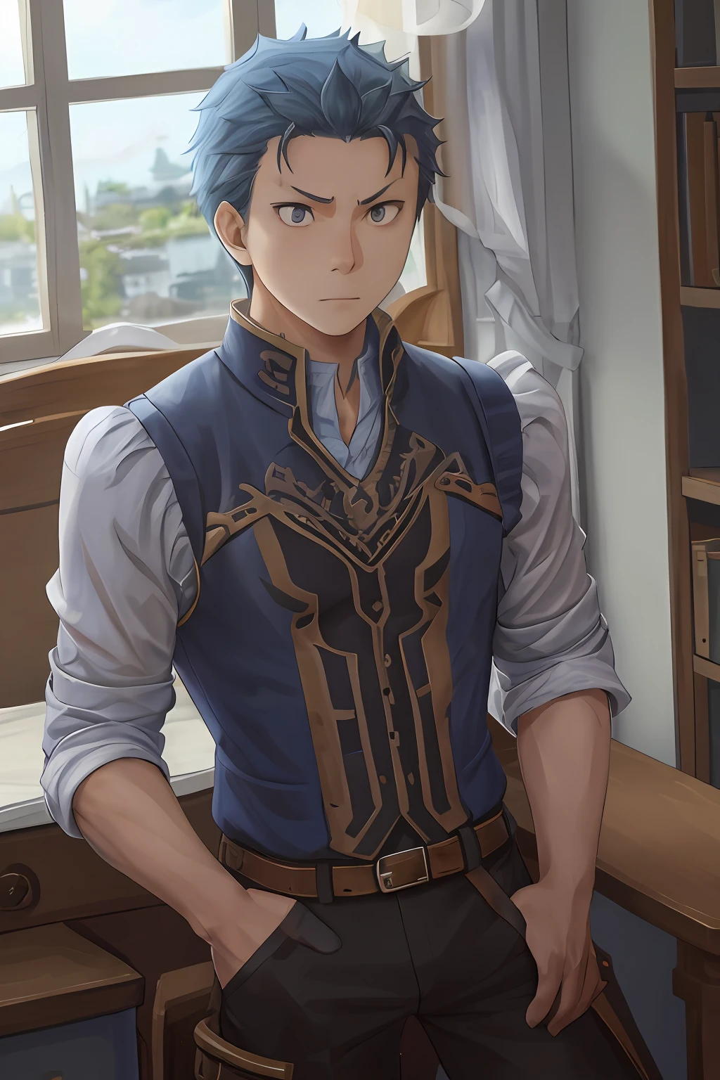 （1 Adult male），A high resolution， Sharp focus， Pixiv masterpiece， （（Complicated details））， highly  detailed， natsuki_subaru， 1 man， The expression is serious，full bodyesbian， blue colored eyes（eyes glowing）， blue short hair，Blue armor，Wear arm guards，Wear a belt，perspire，look from down