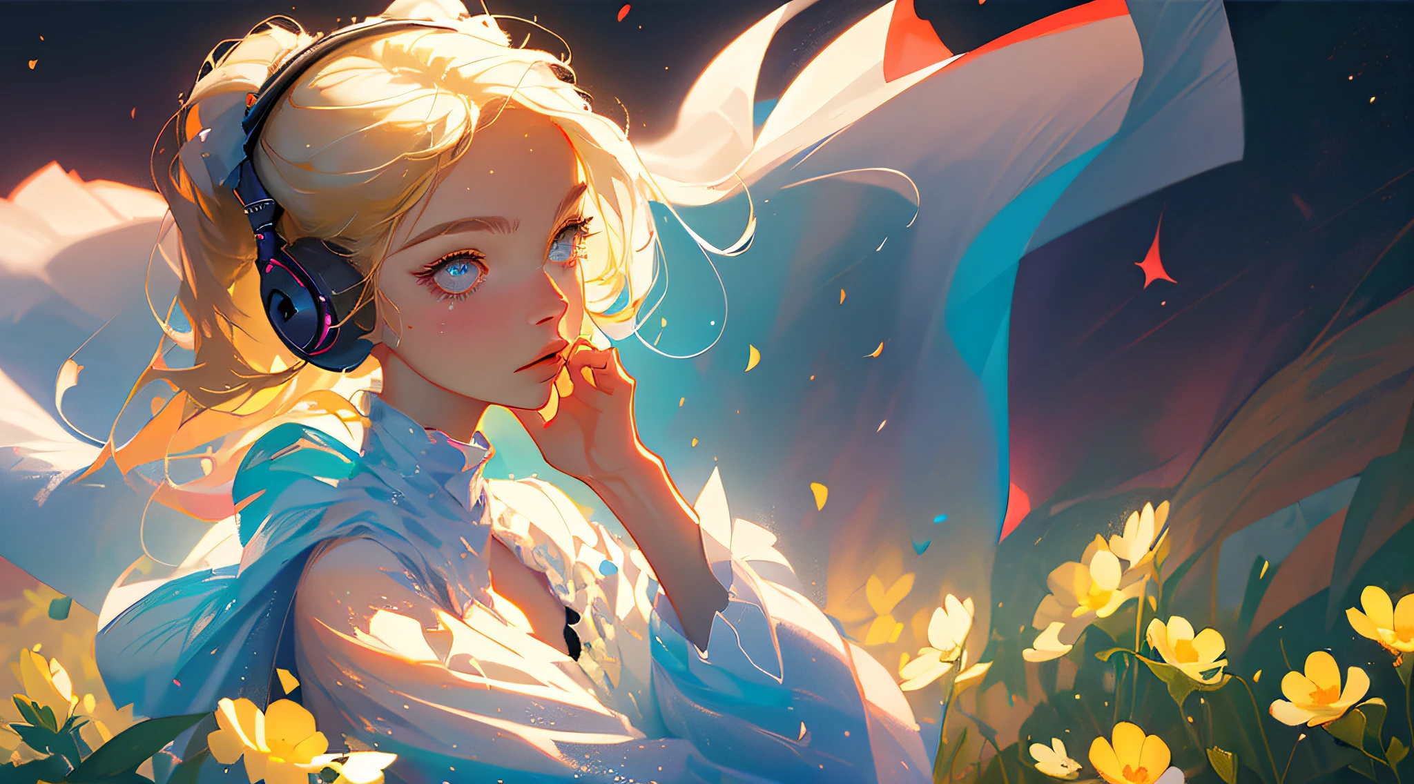 (best quality, masterpiece), 1girl with headphones, pose, particle, wind, flower, upper body, simple background, looking at viewer, blonde, galaxy,