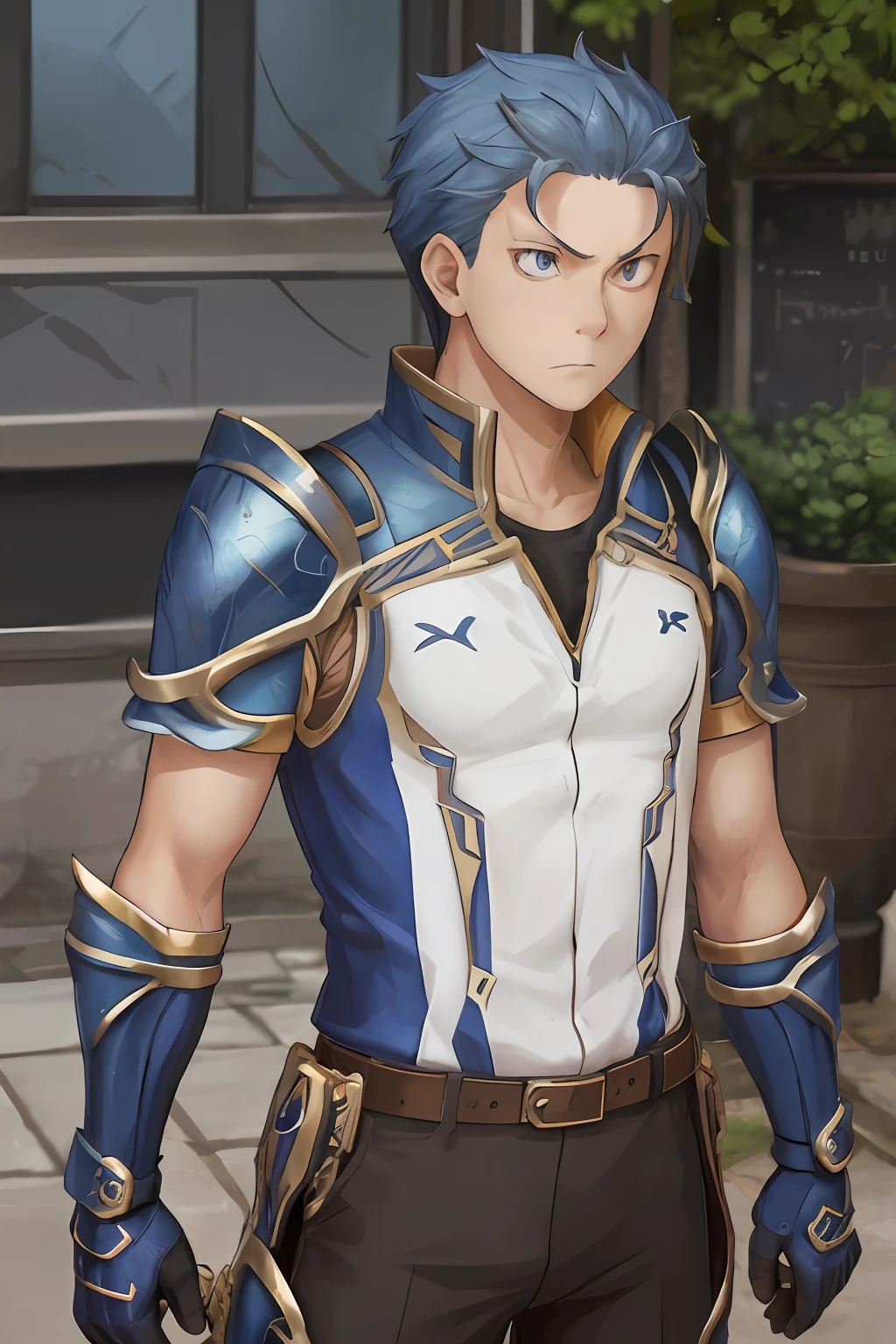 （1 Adult male），A high resolution， Sharp focus， Pixiv masterpiece， （（Complicated details））， highly  detailed， natsuki_subaru， 1 man， The expression is serious，full bodyesbian， blue colored eyes（eyes glowing）， blue short hair，Blue armor，Wear arm guards，Wear a belt，perspire，look from down