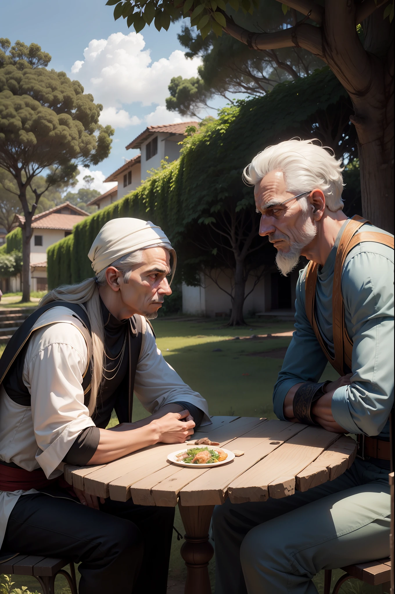 cena com duas pessoas conversando, homem jovem, muito triste, Talking to Old Sage, vila velha, with trees.