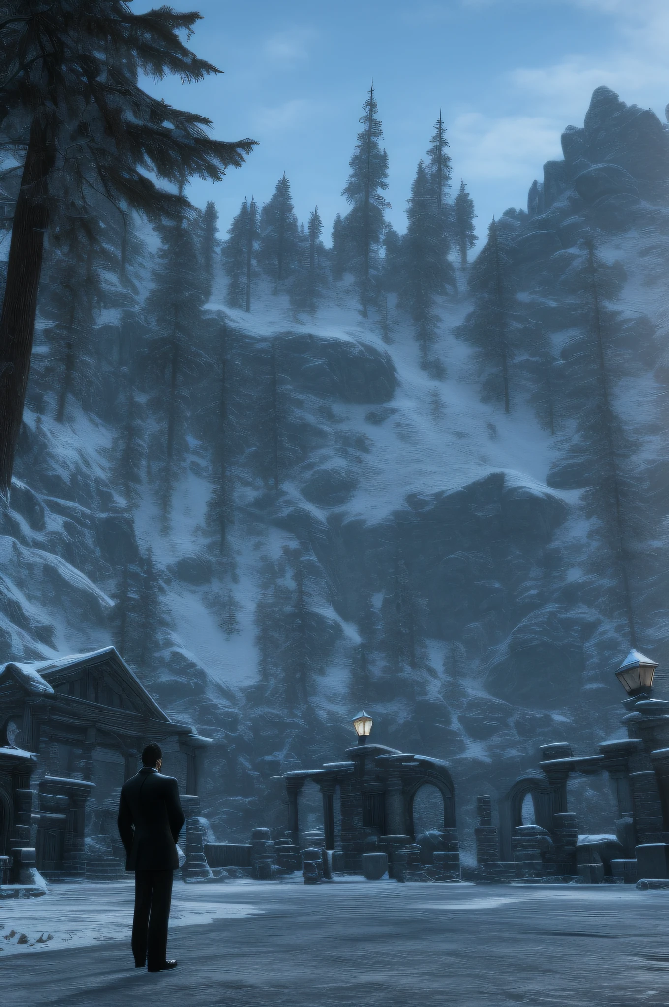 A lawyer in a ((black suit)) and ((round shades)) stands at the gates of Winterhold in Skyrim, 8k ultra-realistic, high-definition, wallpaper, dramatic, sharp