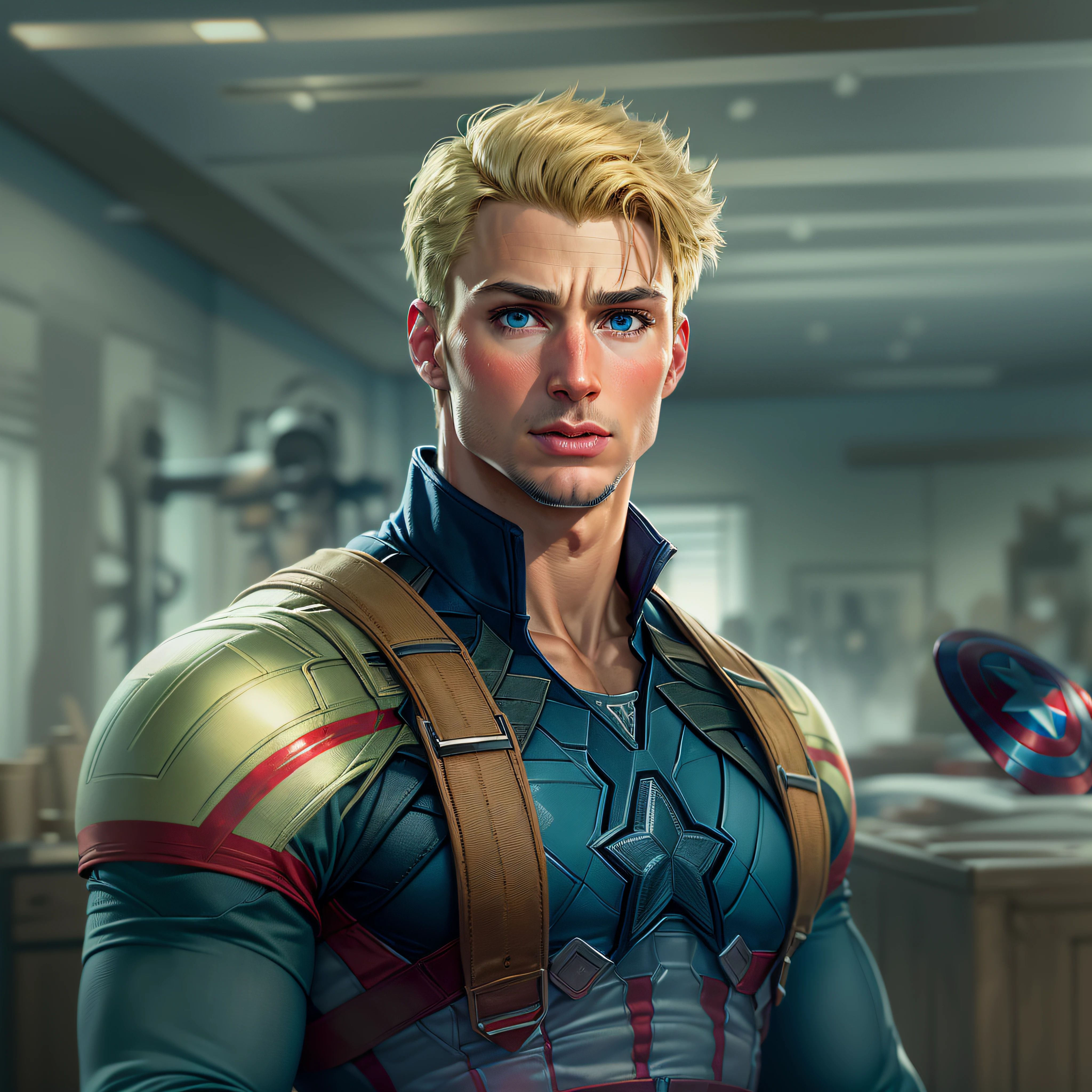 high quality, 1man, (((handsome blonde american Ken as Captain America dilf))), (((blue eyes))) (((in Avenger's training room))) (((no facial hair)))