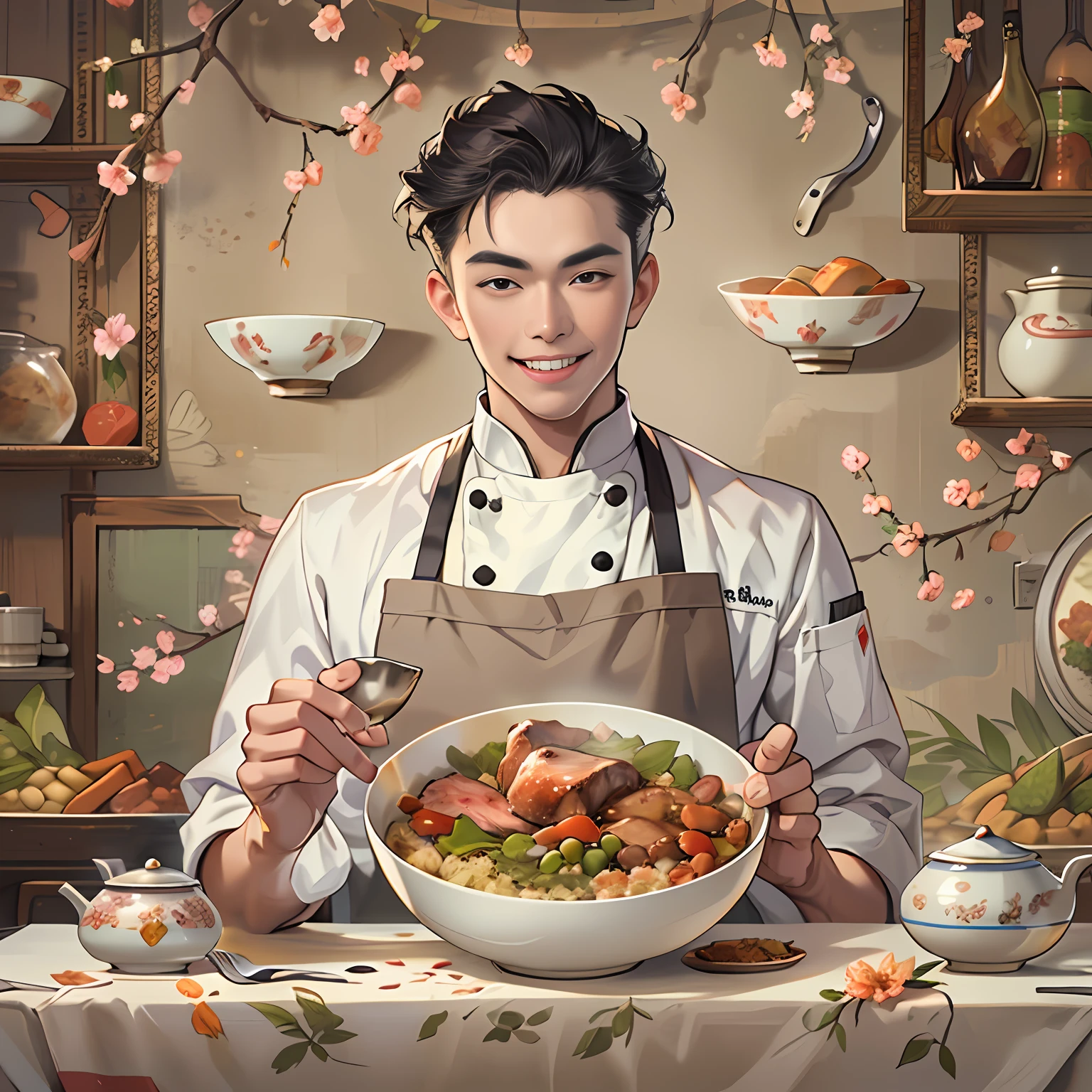 A young and handsome chef stands in front of the camera，happy grin，Holding a porcelain bowl with tempting meat bean blossoms,in the style of the stars art group xing xing, 32K, Best quality, Masterpiece, Super detail,