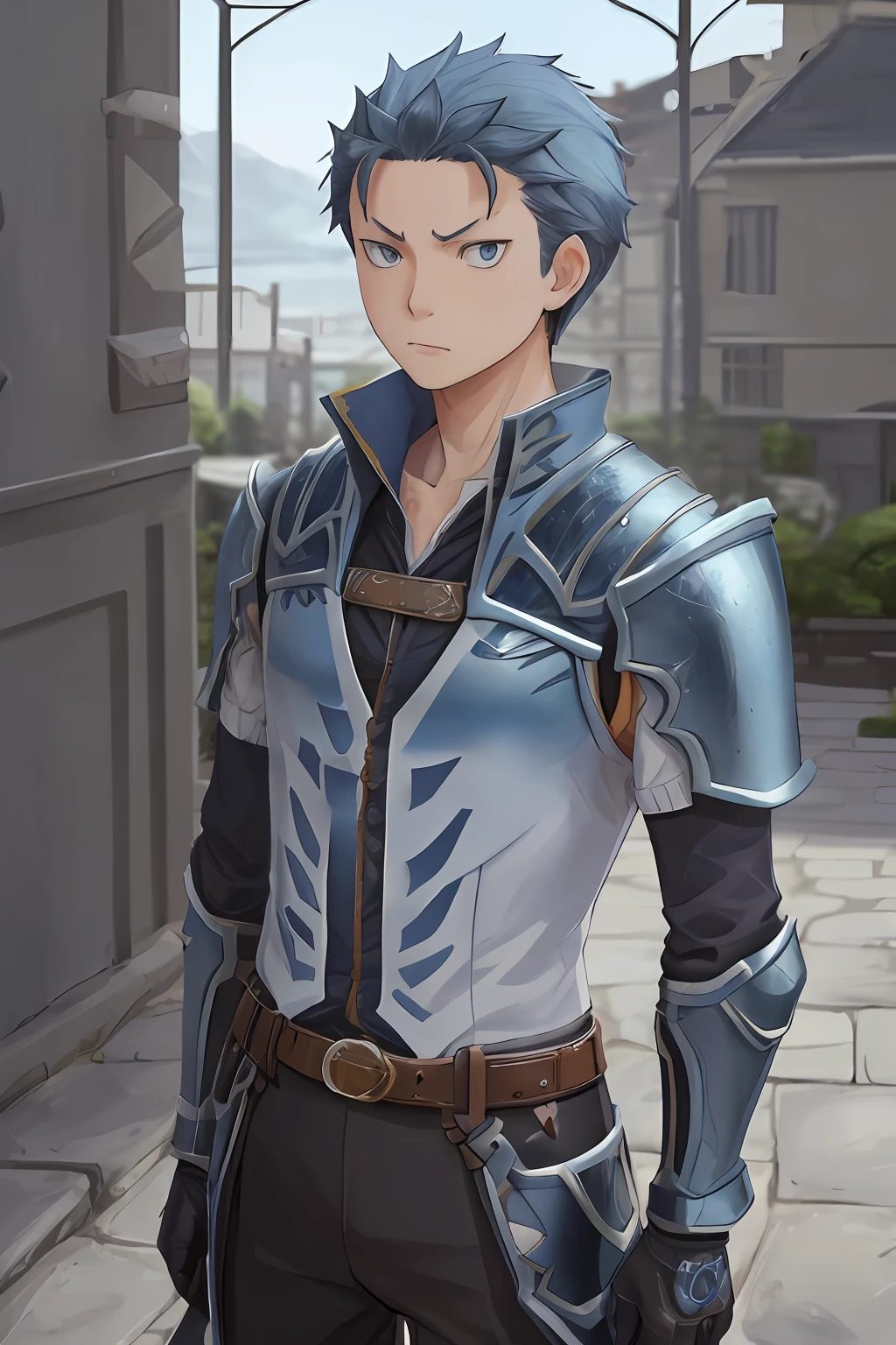 (1 Adult male),A high resolution, Sharp focus, Pixiv masterpiece, ((Complicated details)), highly detailed, natsuki_subaru, 1 man, The expression is serious,full bodyesbian, blue colored eyes(eyes glowing), blue short hair,Blue armor,Wear arm guards,Wear a belt,perspire,look from down