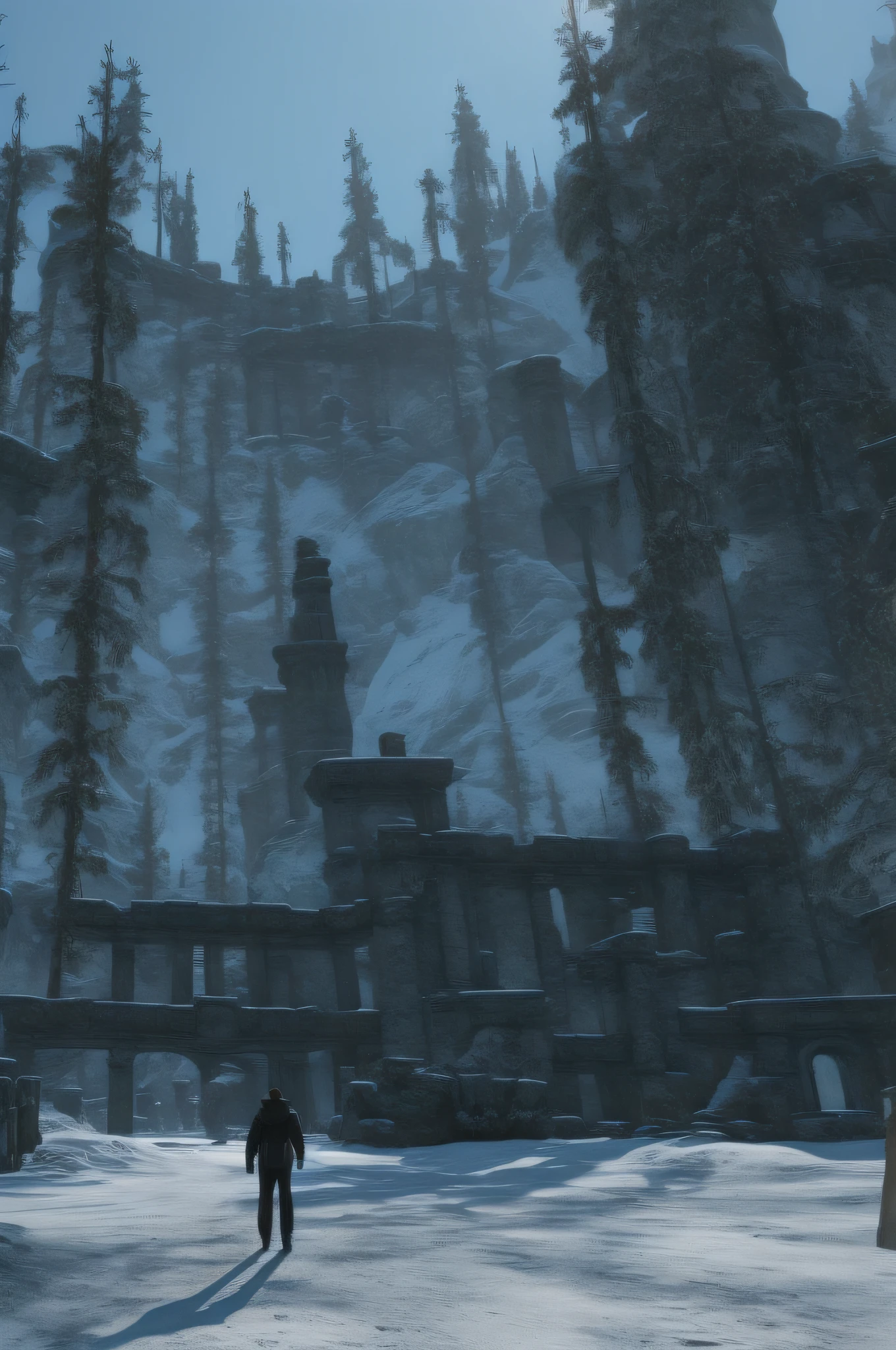 A lawyer in a ((black suit)) and ((round shades)) stands at the gates of Winterhold in Skyrim, 8k ultra-realistic, high-definition, wallpaper, dramatic, sharp