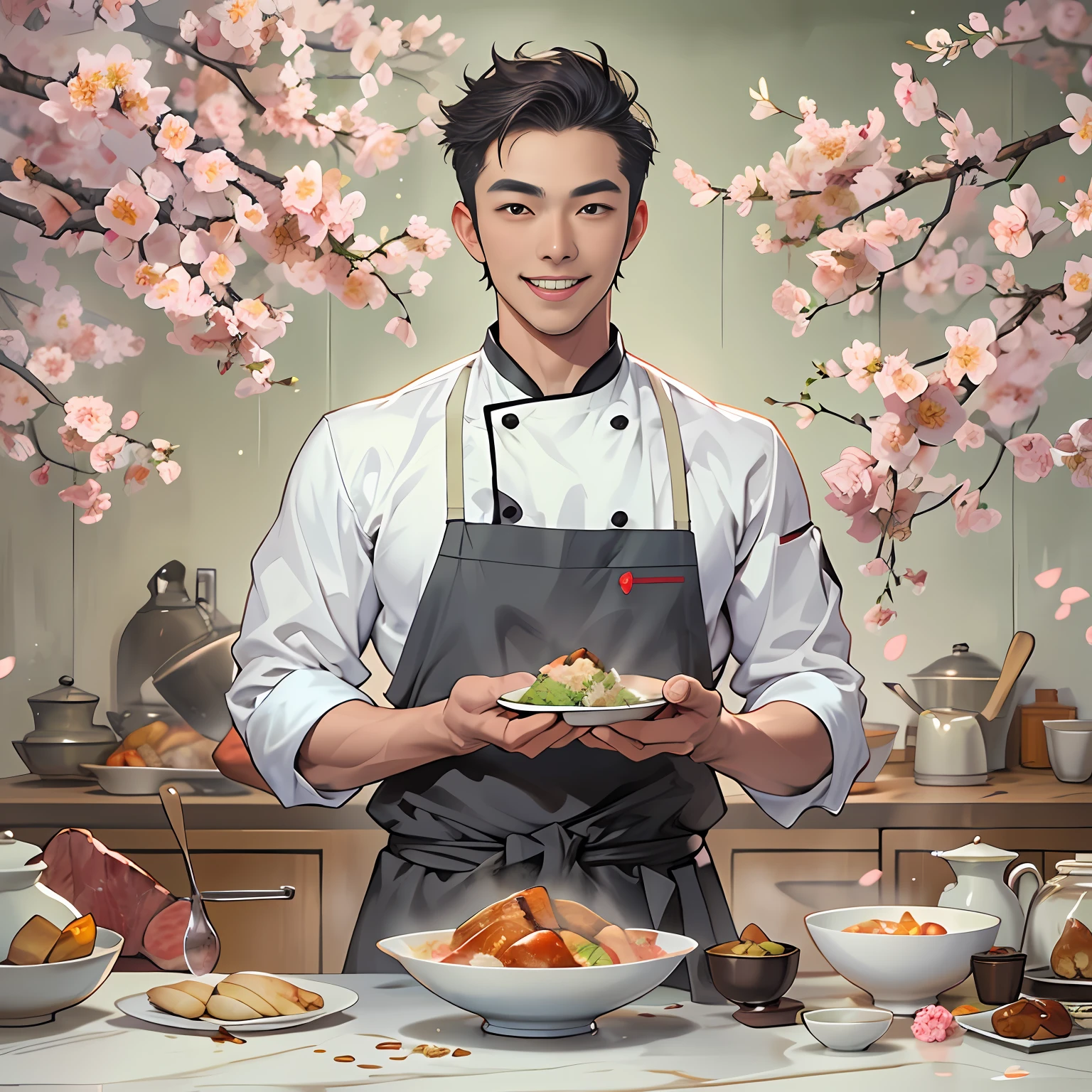 A young and handsome chef stands in front of the camera,happy grin,Holding a porcelain bowl with tempting meat bean blossoms,in the style of the stars art group xing xing, 32K, Best quality, Masterpiece, Super detail,