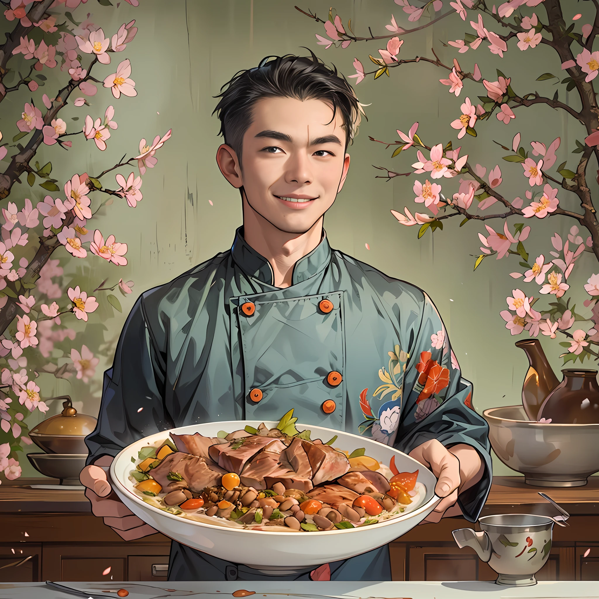 A young and handsome chef stands in front of the camera,happy grin,Holding a porcelain bowl with tempting meat bean blossoms,in the style of the stars art group xing xing, 32K, Best quality, Masterpiece, Super detail,