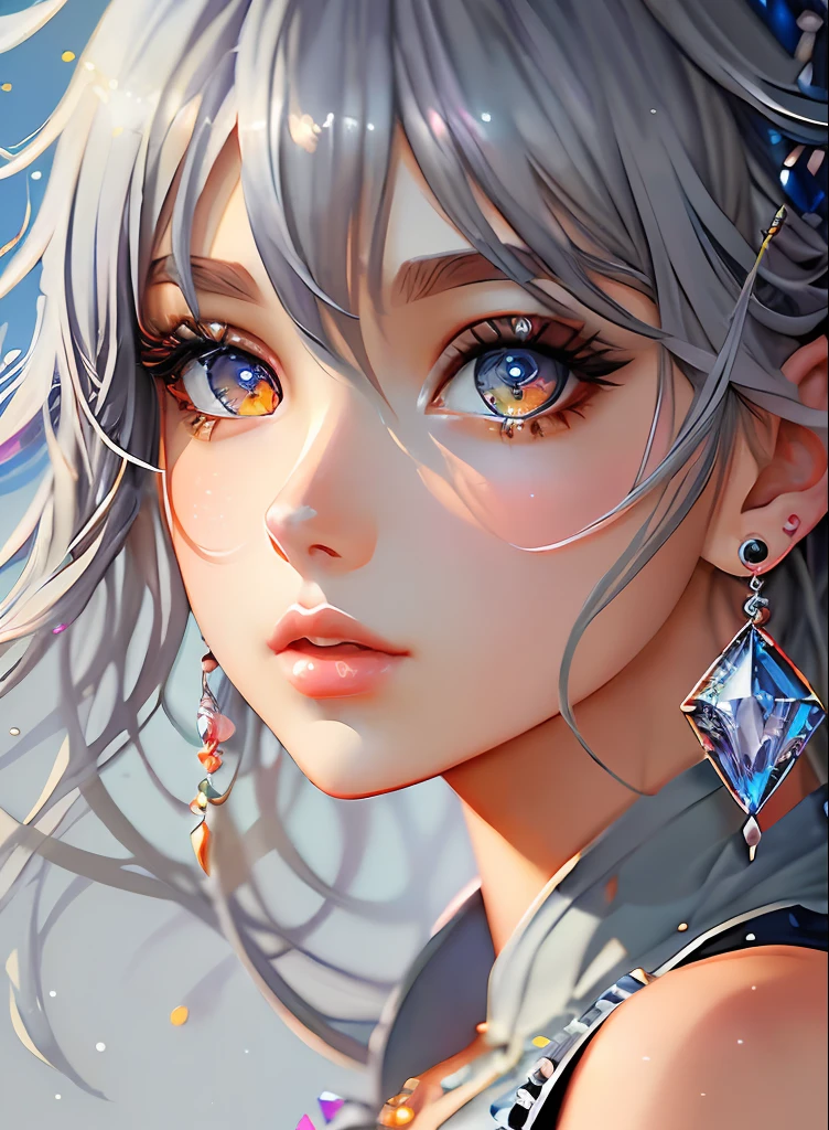 ((top-quality)), ((​masterpiece)), ((realisitic)), (detaileds),animesque、anime styled、 (1人の女性）Earrings only accessories、Close up portrait of woman with gray hair color、Beautiful shining eyes, Like crystal clear glass、Tank Tops、Summer clothes、4K high-definition digital art、stunning digital illustration、Stunning 8K artwork、colorfull digital fantasy art、Colorful and bright、beautiful digital works of art、Colorful Digital Anime Art、Portrait of beautiful woman、8K HD Digital Wallpaper Art、 Gorgeous Digital Painting