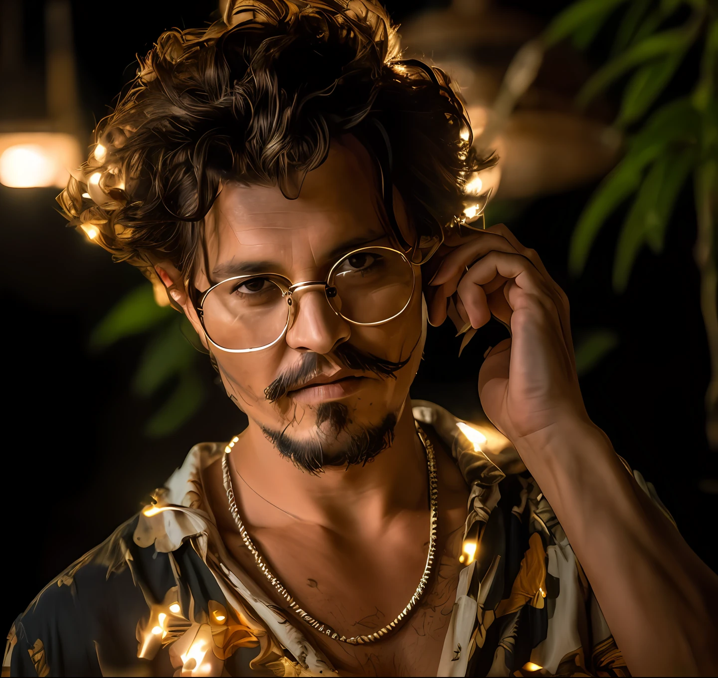 masterpiece, johnny depp walking through the jungle (night among fireflies), (high detail:1 1), rough face, natural skin, high quality, nsfw, beautiful eyes, (detailed face and eyes), (face: 1 2), noise, extra, real photo, PSD, lamp film photography, sharp focus, contrast lighting, detailed skin, high resolution 8k, crazy detail, realistic, professional photography, 8k UHD, SLR camera, soft lighting, high quality, film grain, Fujifilm XT3