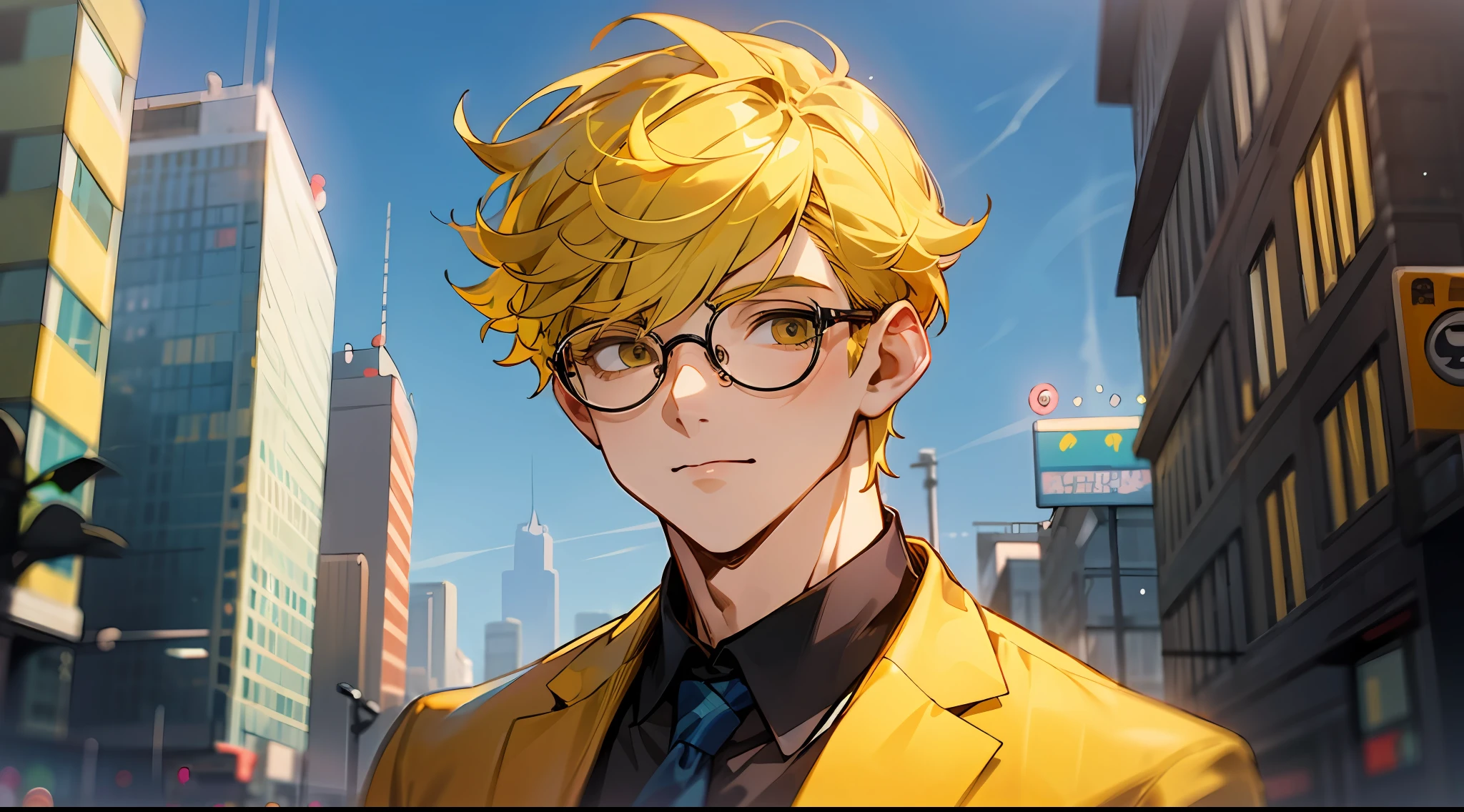 1 sticker, 1boy, bara, Upper body, Yellow hair, eyeglasses., skinny , Yellow suit , city , outdoor