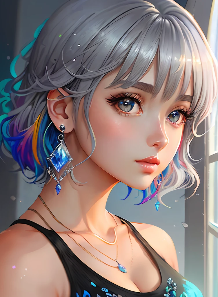 ((top-quality)), ((​masterpiece)), ((realisitic)), (detaileds),animesque、anime styled、 (1人の女性）Earrings only accessories、Close up portrait of woman with gray hair color、Beautiful shining eyes, Like crystal clear glass、Tank Tops、Summer clothes、4K high-definition digital art、stunning digital illustration、Stunning 8K artwork、colorfull digital fantasy art、Colorful and bright、beautiful digital works of art、Colorful Digital Anime Art、Portrait of beautiful woman、8K HD Digital Wallpaper Art、 Gorgeous Digital Painting