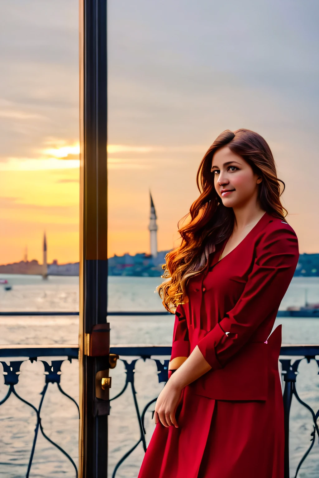 a beautiful trkshlds woman, wearing casual outfit standing at the istanbul bosphorus,high quality, ultra resolution, 8k, masterpiece, sharp focus, detailed, soft dramatic lighting, cinematic lighting, a movie scene