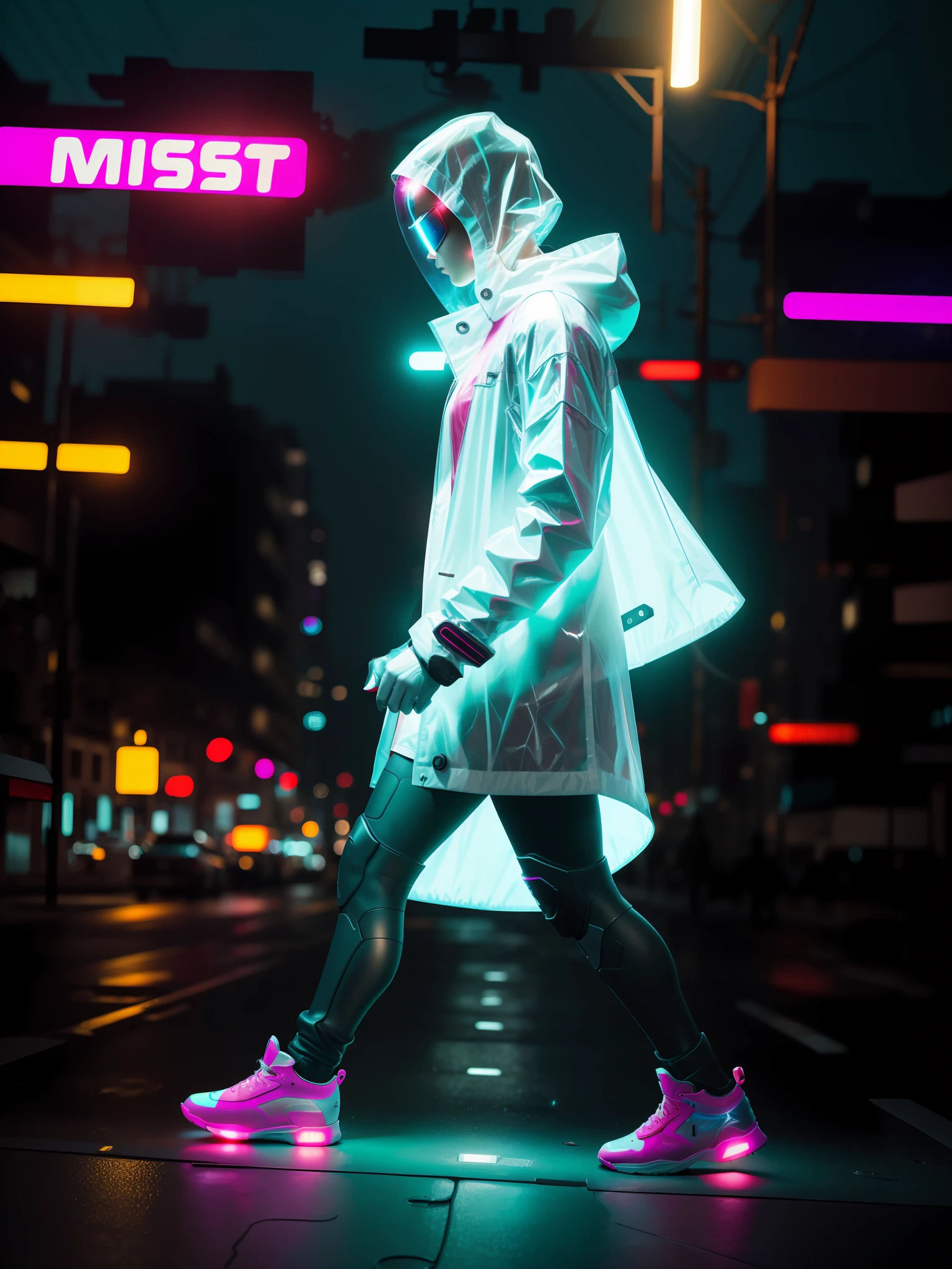 ((futuristic)), ((side view)), ((masterpiece)) and ultra realistic photography of a android walking with holographic raincoat, a android walking, wearing white raincoat, wearing futuristic white raincoat, wearing off - white style, street photography style, shot on leica sl2, neon colors, (pastel colors: 1.2), indigo, turquoise, (fuchsia:1.4), (techwear: 1.2), cyberpunk, gloomy, (cross led patterns: 1.3), (led lighting: 1.2), hologram, (plastic: 1.2), totally white, (vector:1.2), (geometric:1.3), papercut, motion blur, depth of field, cinematic lighting, ray tracing, speed lines, ccurate, high details, high quality, best quality, 16k